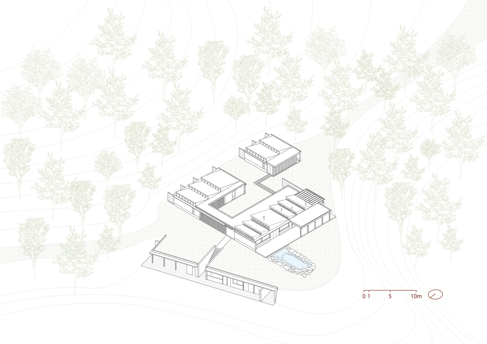 Axonometric site drawing of the courtyard-shaped building cluster and small pond, set among pale trees on sloping contour lines