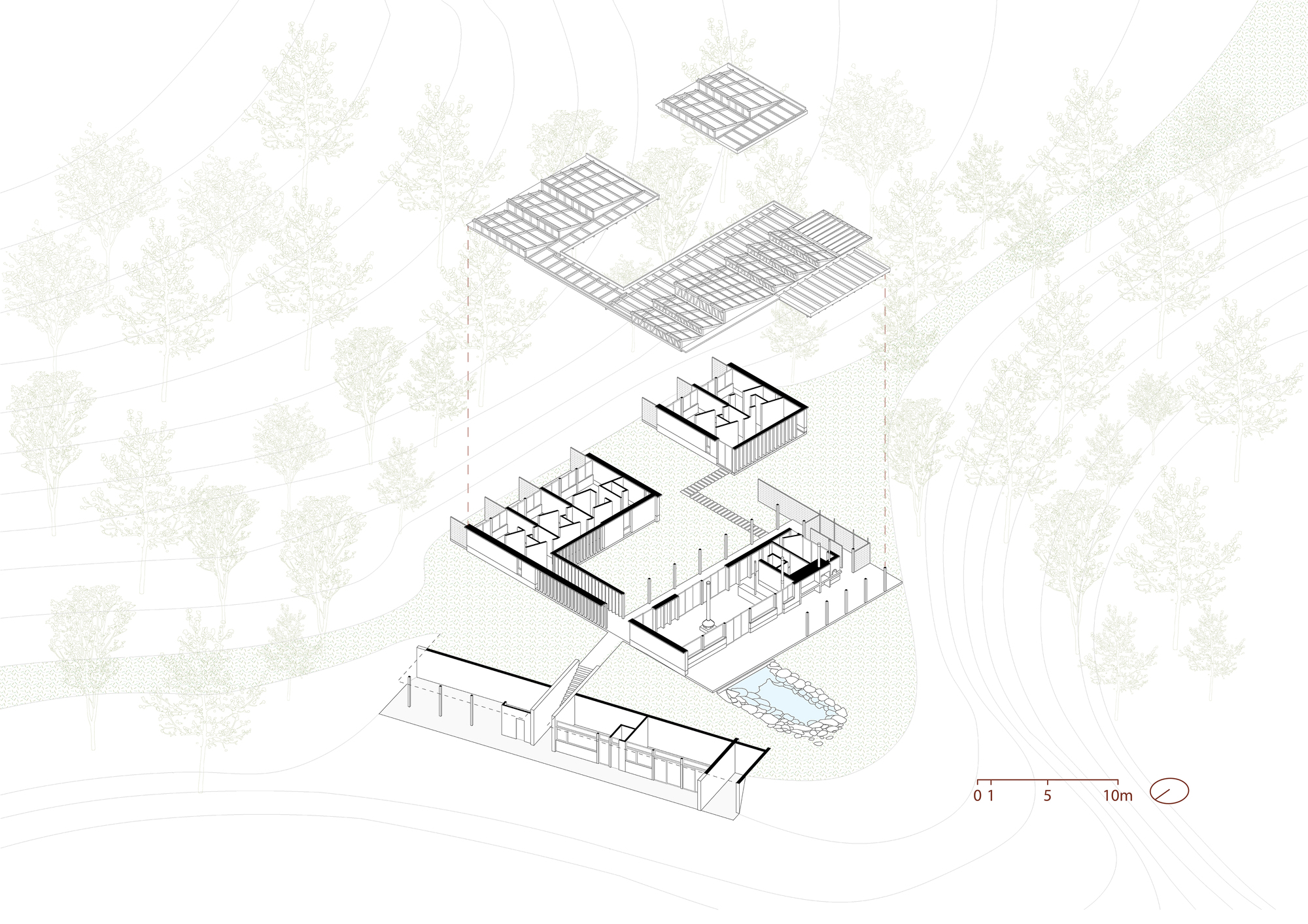 Exploded axonometric drawing separating the roof framing from the wall plan layout, with the pond and wooded slope below