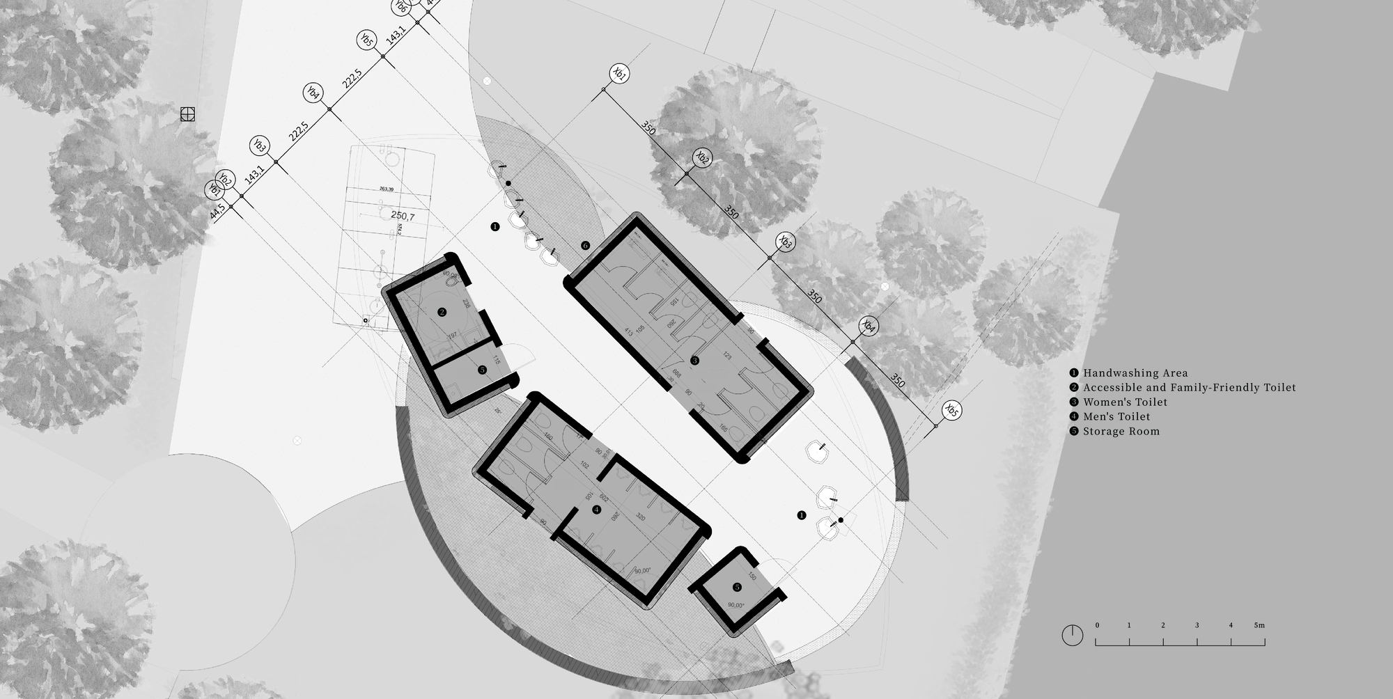 Site plan drawing of four enclosed volumes arranged inside a circular paved court, labeled for toilets, handwashing and storage, among tree canopies