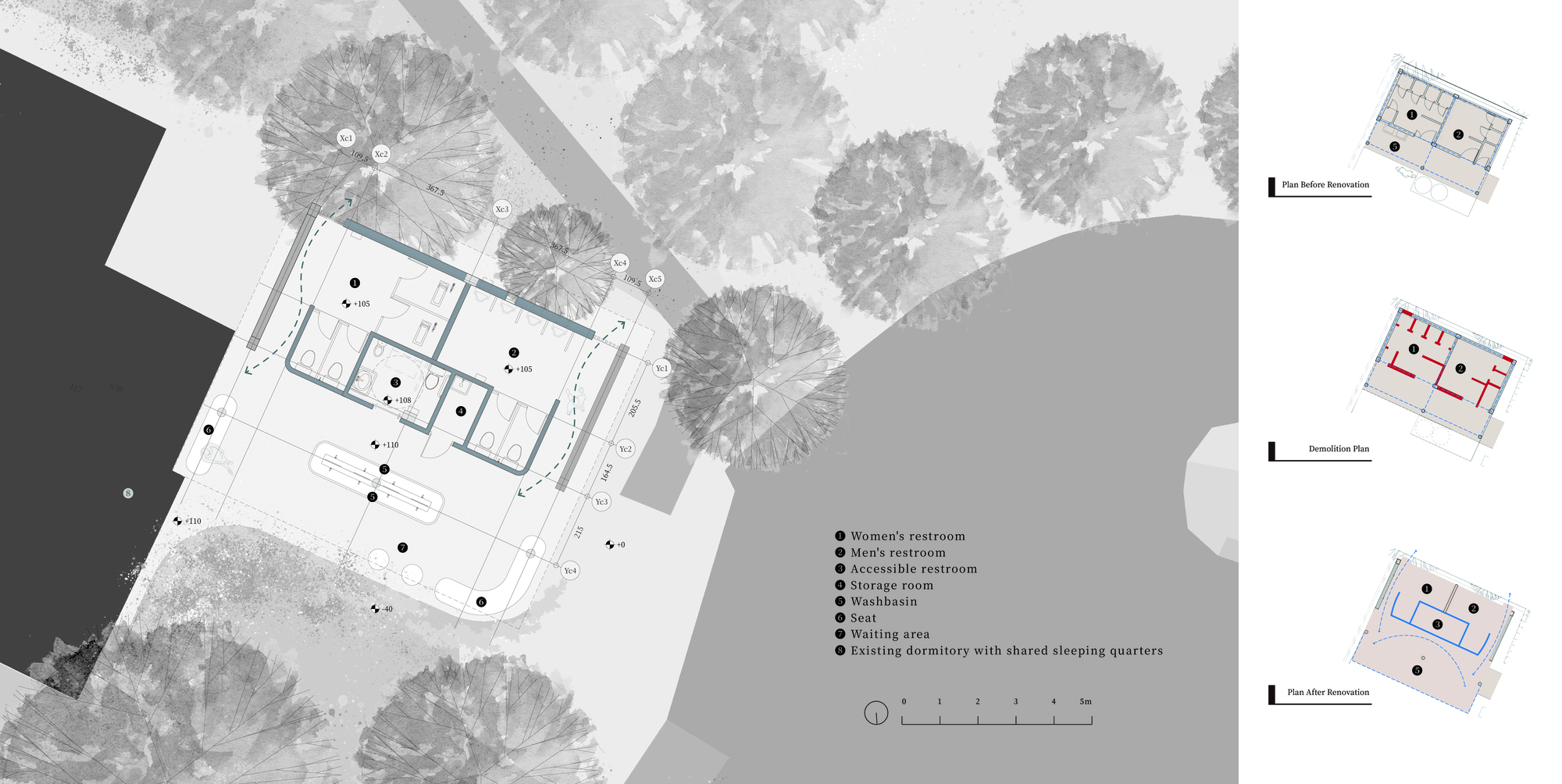 Floor plan drawing of a restroom building beside tree canopies, with small before, demolition and after renovation plans at right