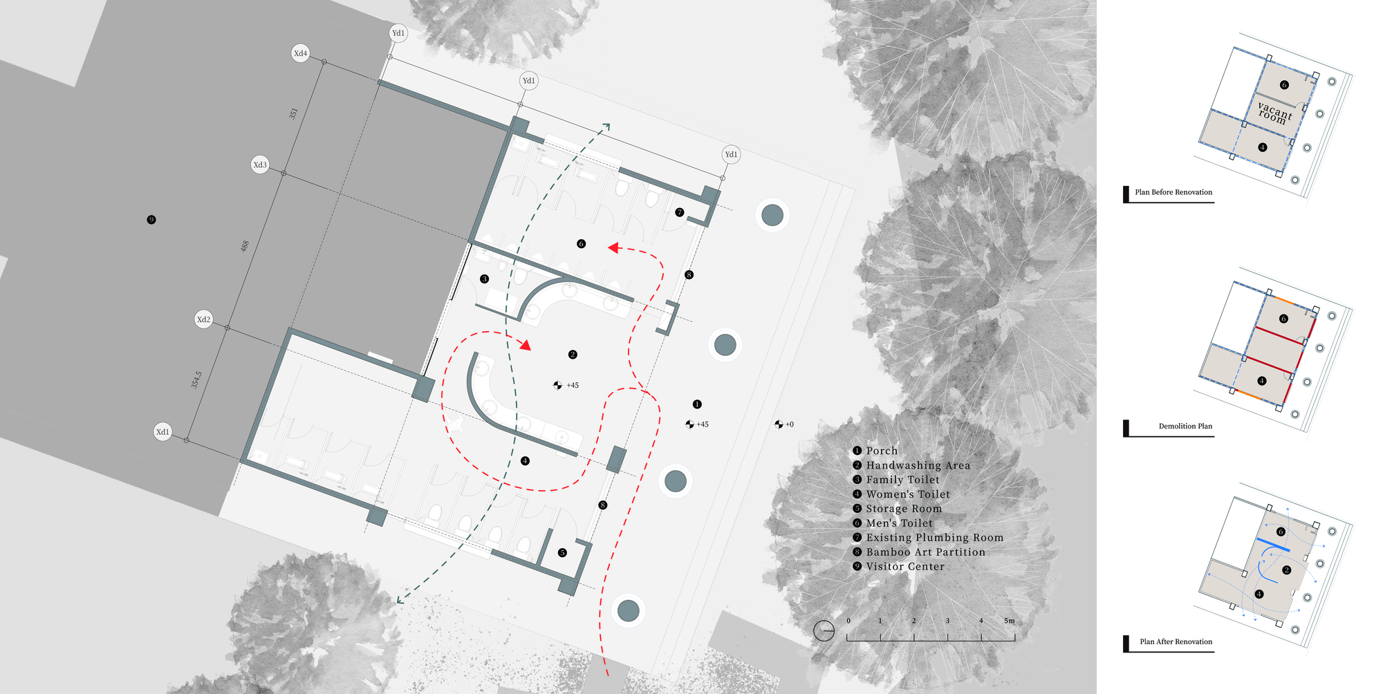 Site plan drawing of restroom layout with porch, handwashing area and partitions, red and green circulation paths, and before, demolition and after diagrams at
