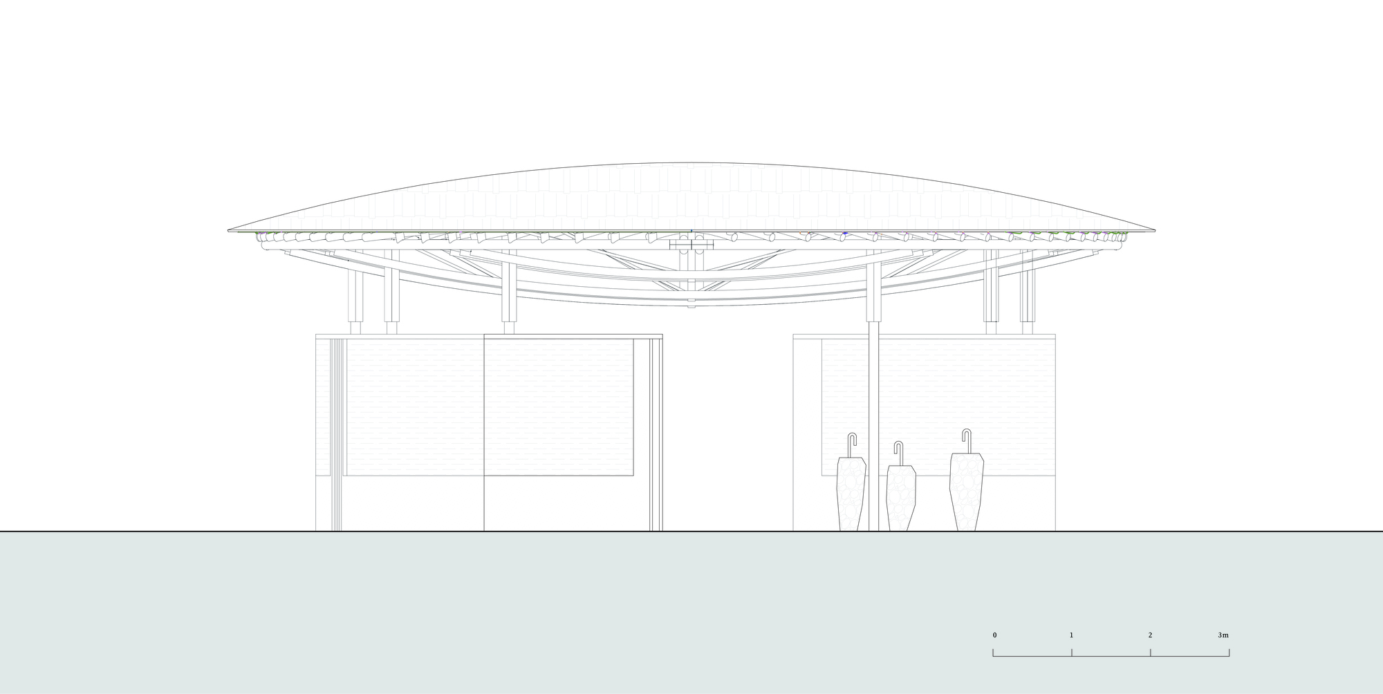 Elevation drawing of a domed lens-shaped roof on slender columns above brick walls and three standing washbasins