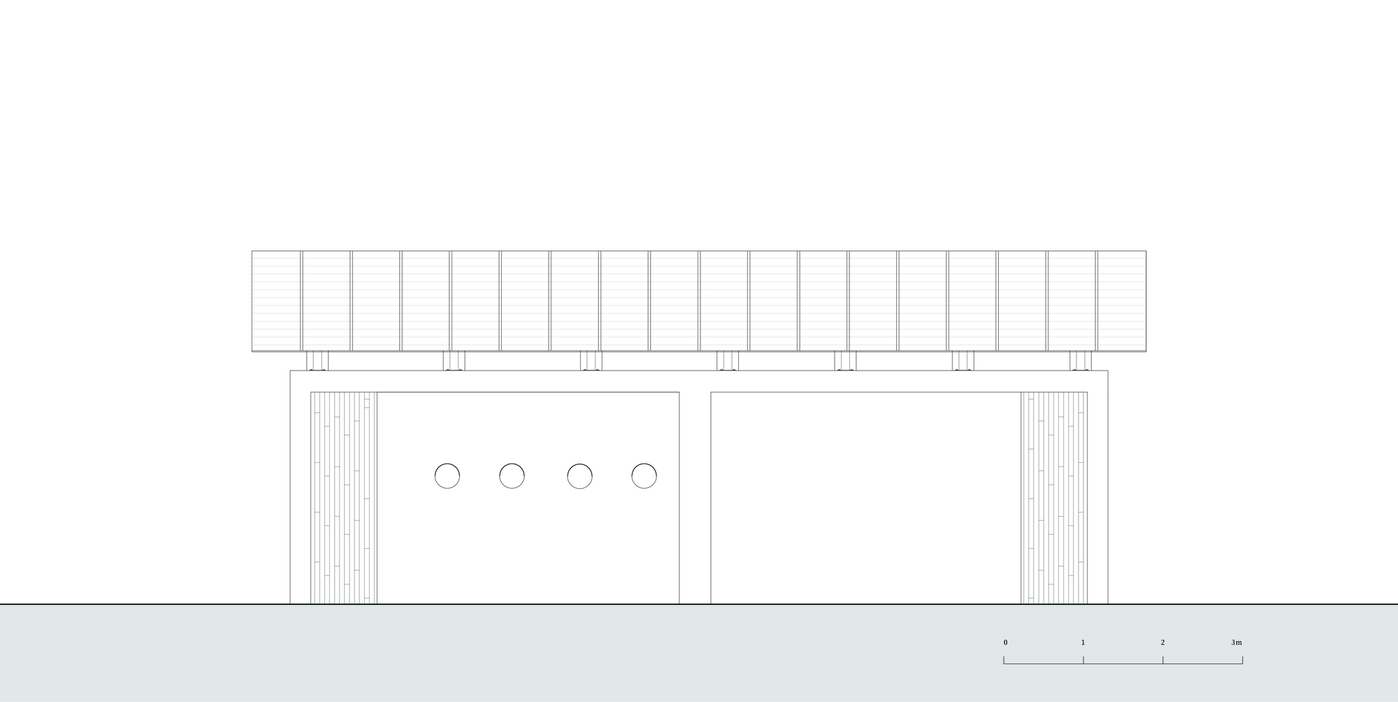 Elevation drawing of a flat roof of repeating bamboo panels over a wall with four round openings and slatted end panels