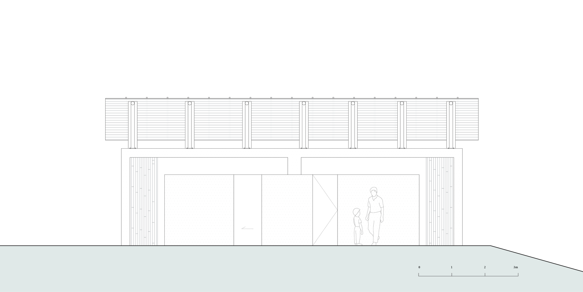 Elevation drawing of a low pavilion with a slatted bamboo roof on spaced posts, glazed openings and two figures for scale