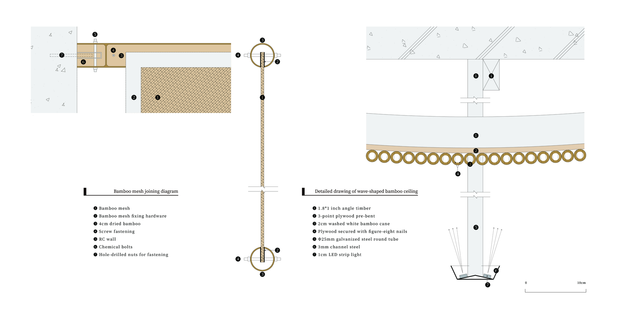 Detail drawings of a bamboo mesh joint at a concrete wall and a wave-shaped bamboo cane ceiling with an LED strip light