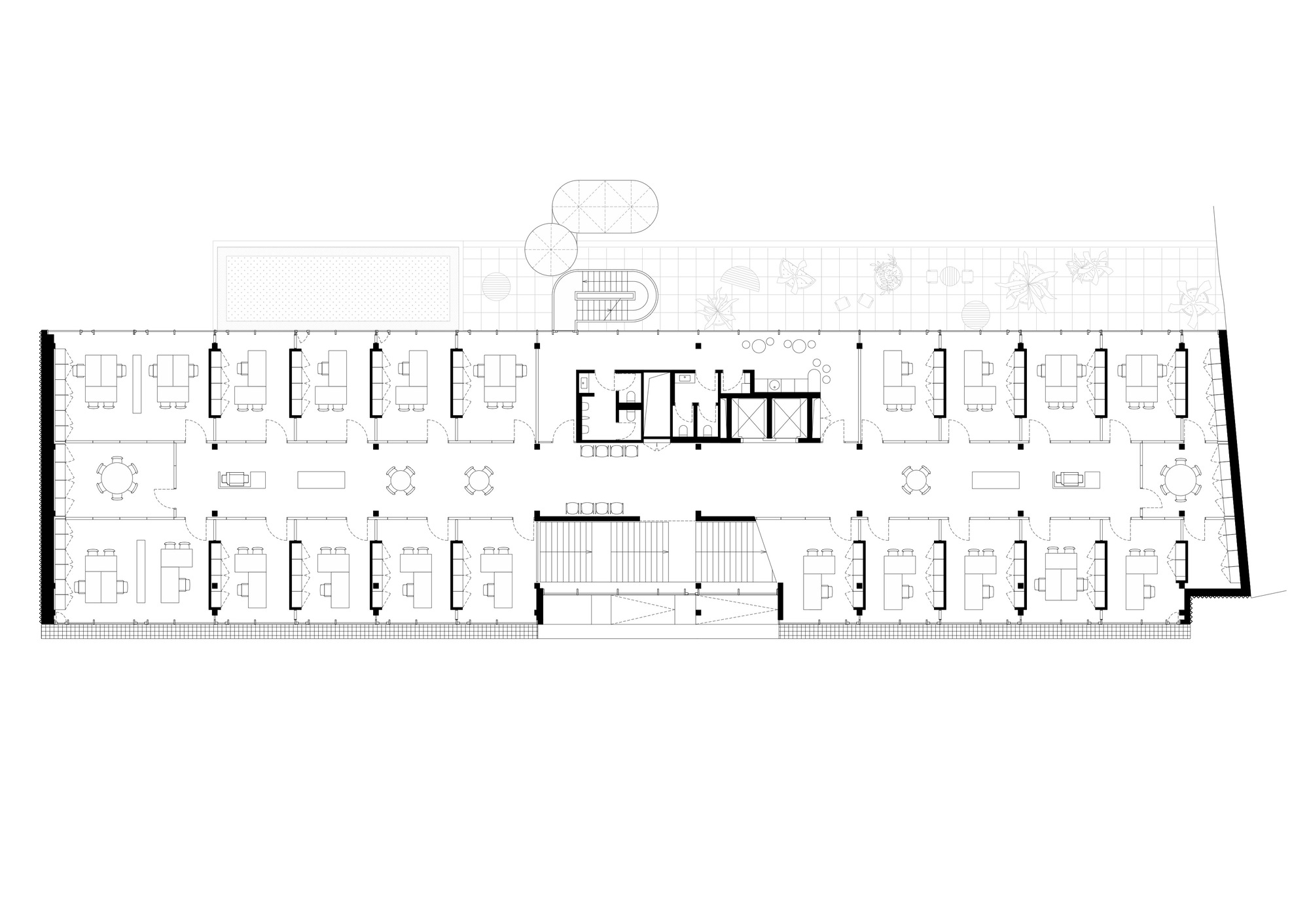 Floor plan drawing of an office level with desk rooms along both sides, a central core and a rooftop terrace above