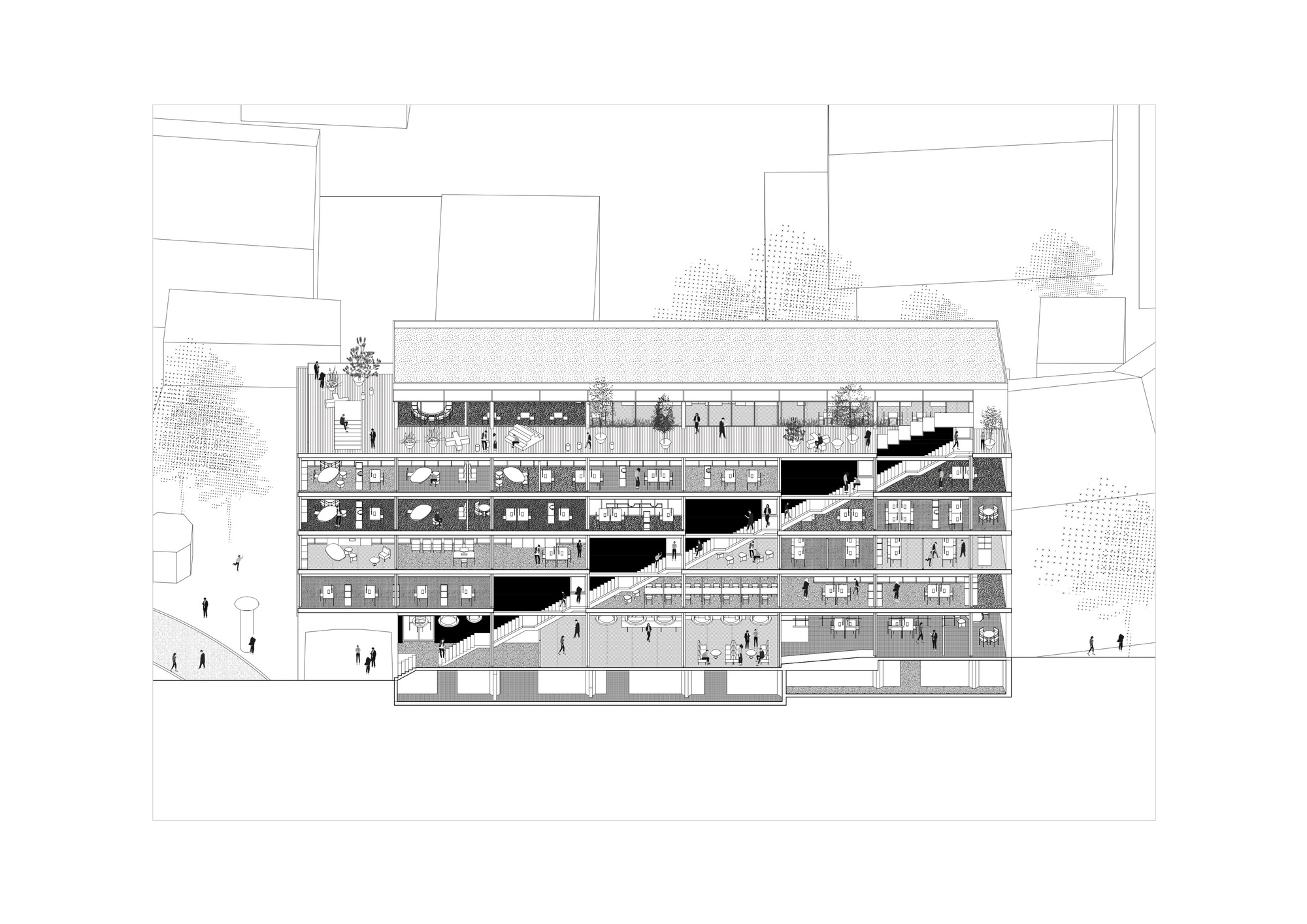 Section drawing cutting through a multi-storey building, with a diagonal stair rising through the floors and people shown on each level