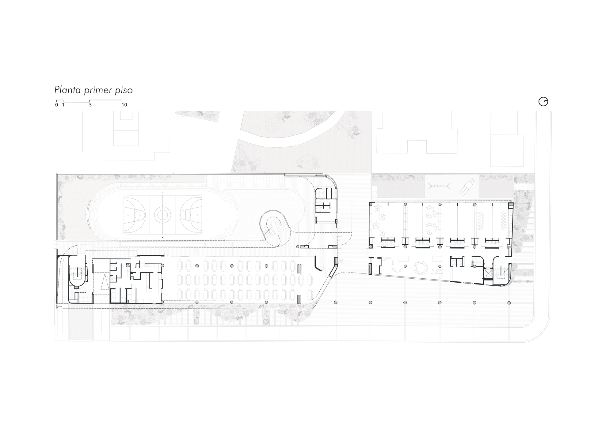 Ground floor plan drawing showing an elongated building with a sports court, dining hall and classroom wing along a site boundary