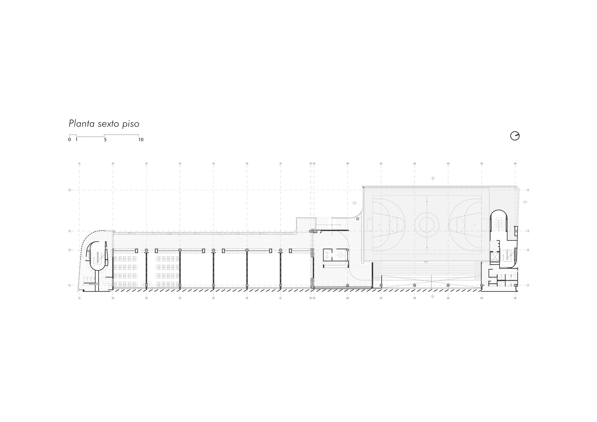 Sixth floor plan drawing showing a row of classrooms along a corridor and a basketball court with bleachers at the far end