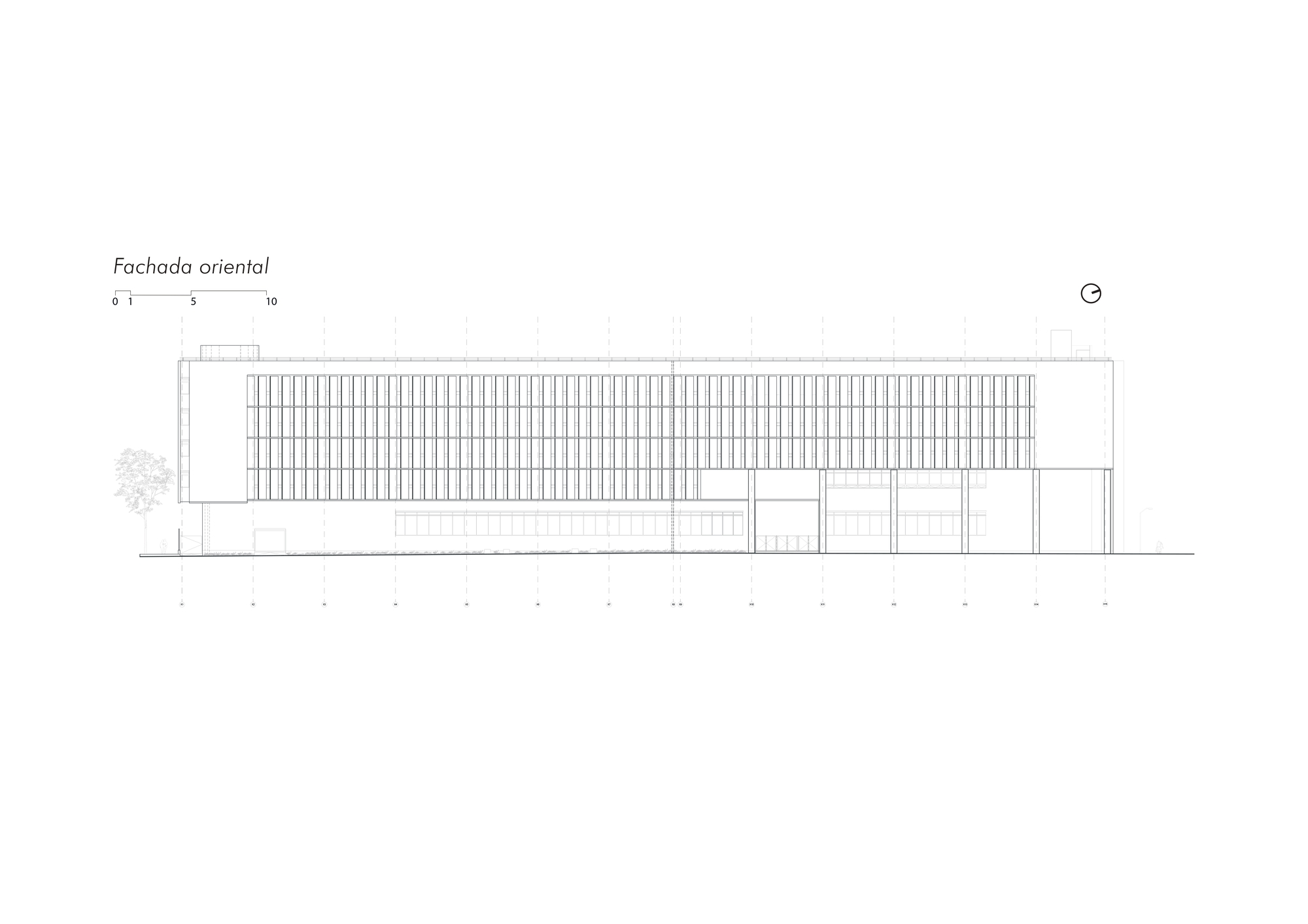 East elevation drawing of a long horizontal facade with a repeating vertical fin pattern, an open ground level and a tree at left