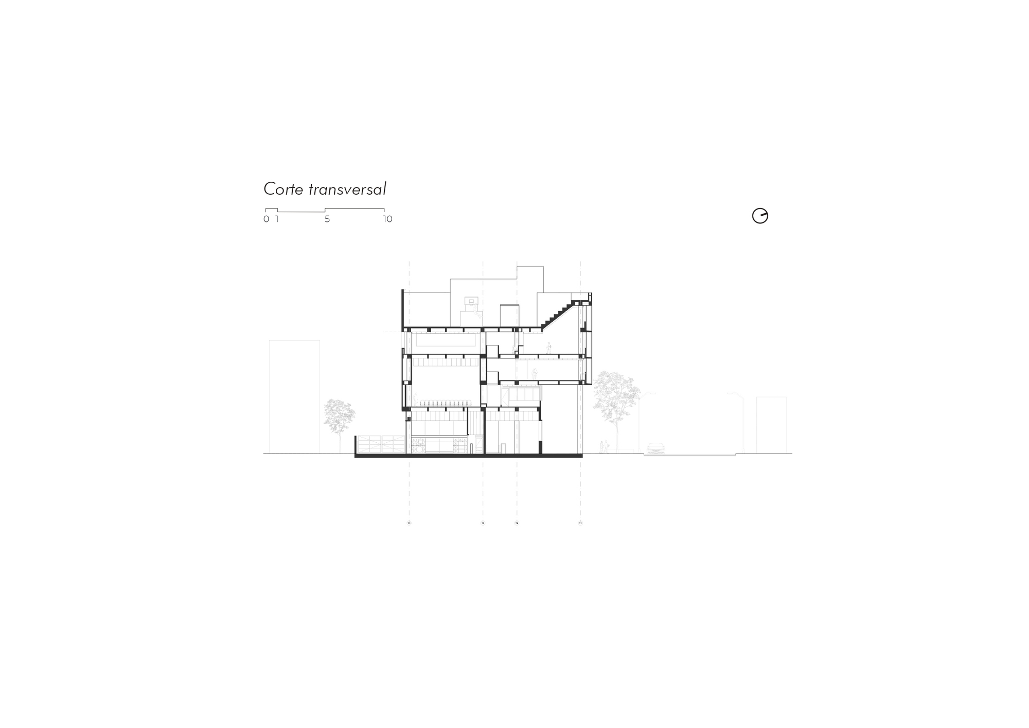 Transverse section drawing cutting through stacked floors, a stepped upper stair and a rooftop volume, with neighboring trees and buildings outlined