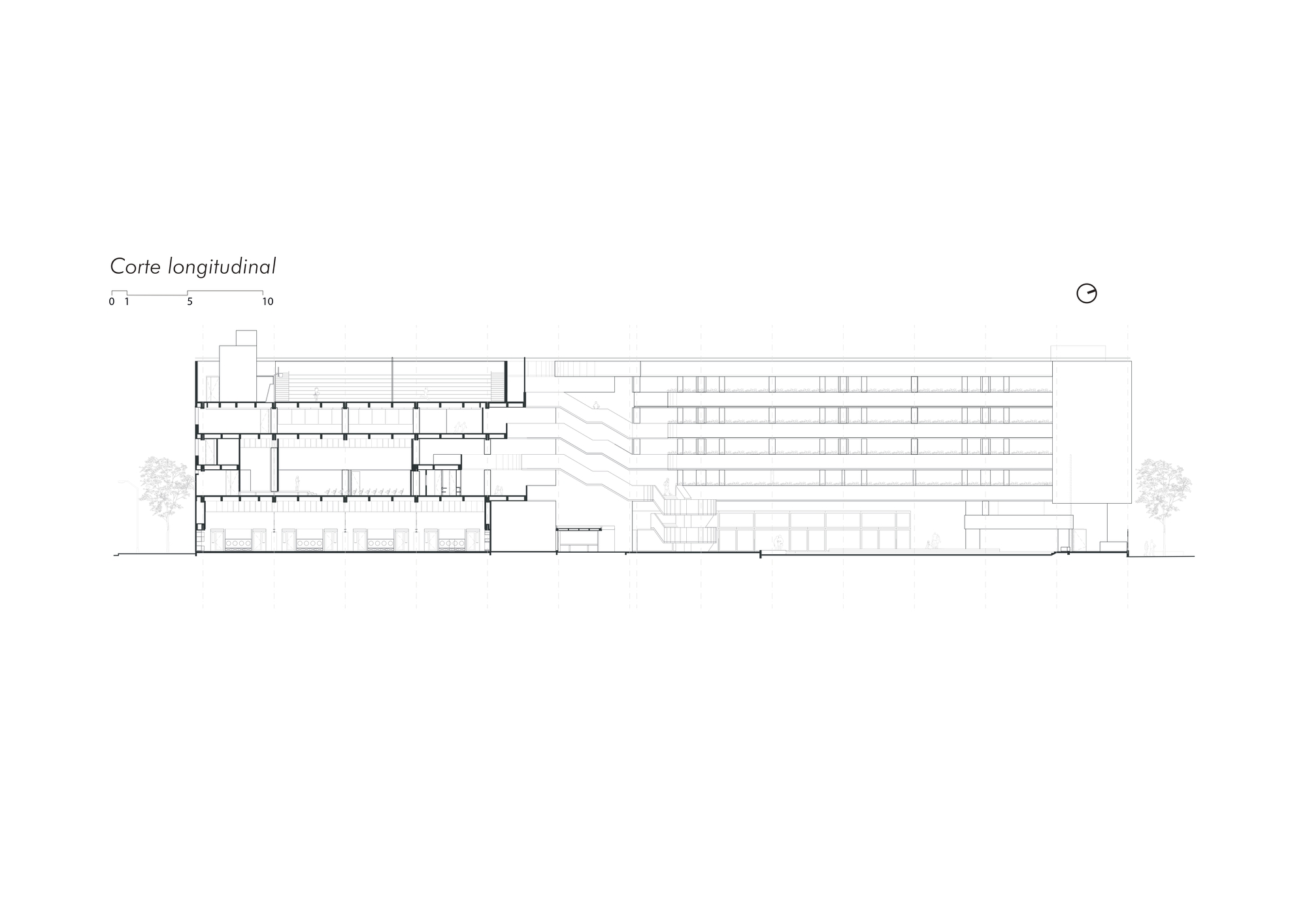 Longitudinal section drawing cutting through multiple floors at left, with the layered balcony facade and a tall end volume beyond