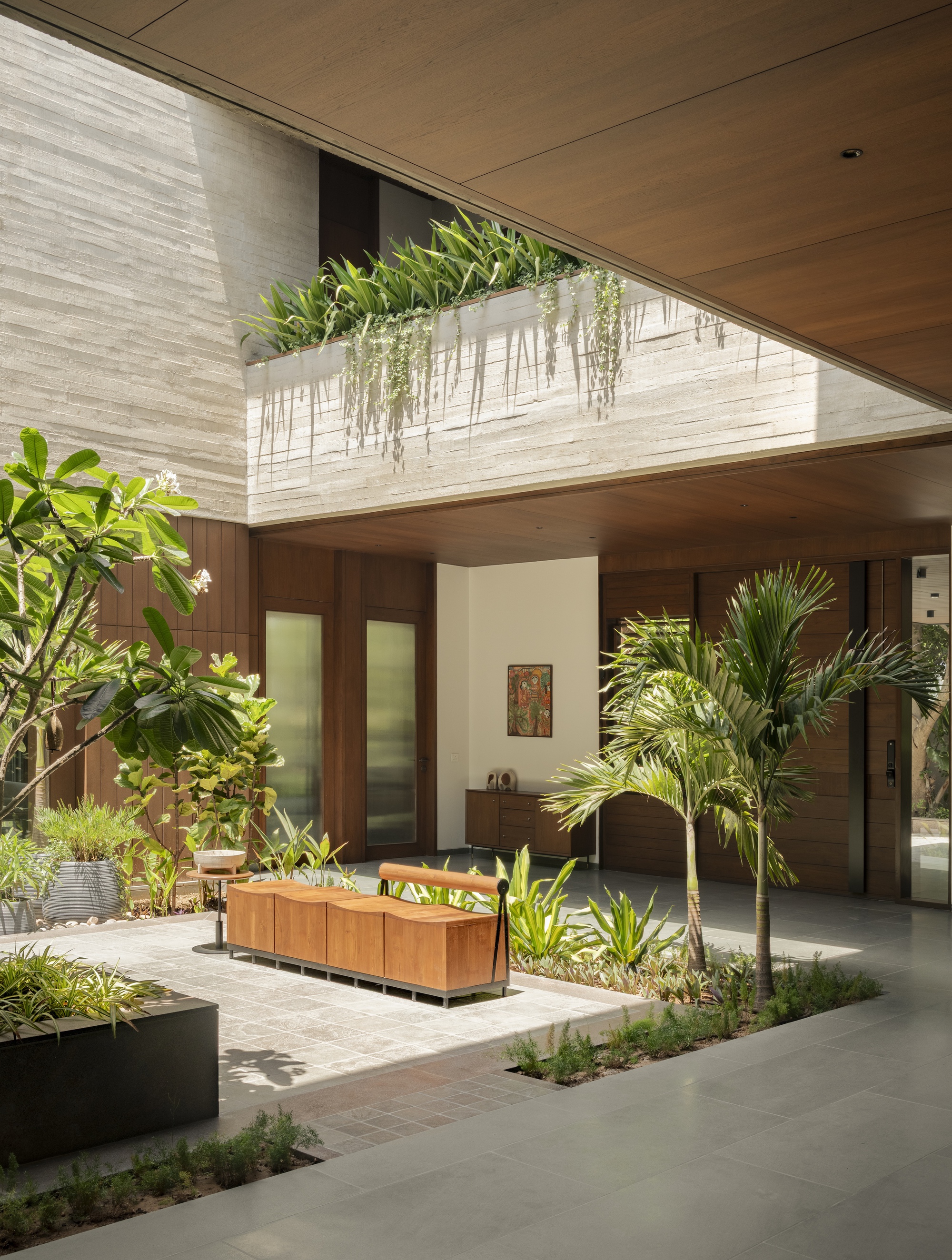Timber bench on a paved courtyard patch with palms, ferns and a trailing planter above, lit by bright midday sun