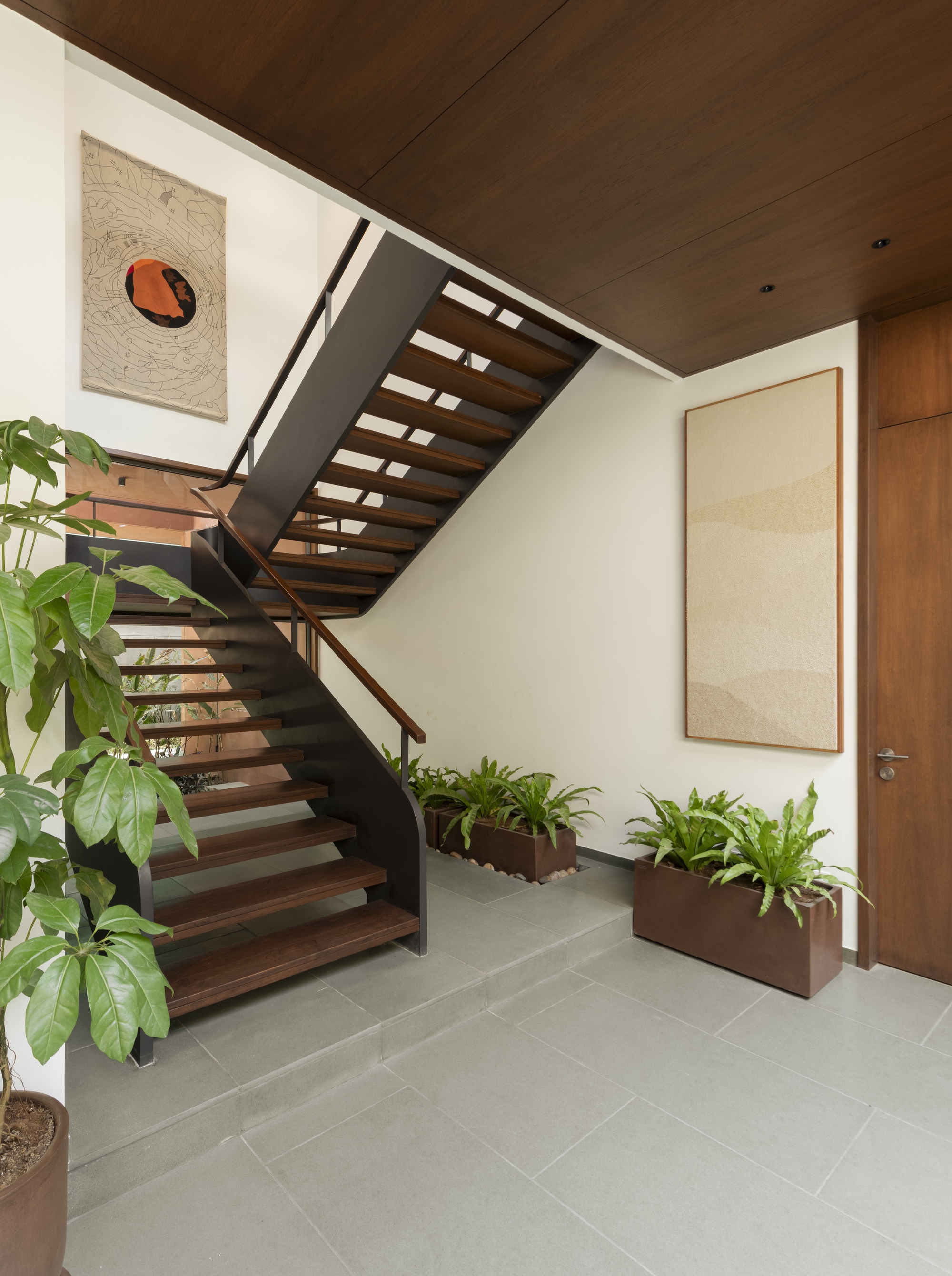 Open-tread timber staircase with a dark steel stringer, flanked by planters of ferns and a large leafy plant in the foreground