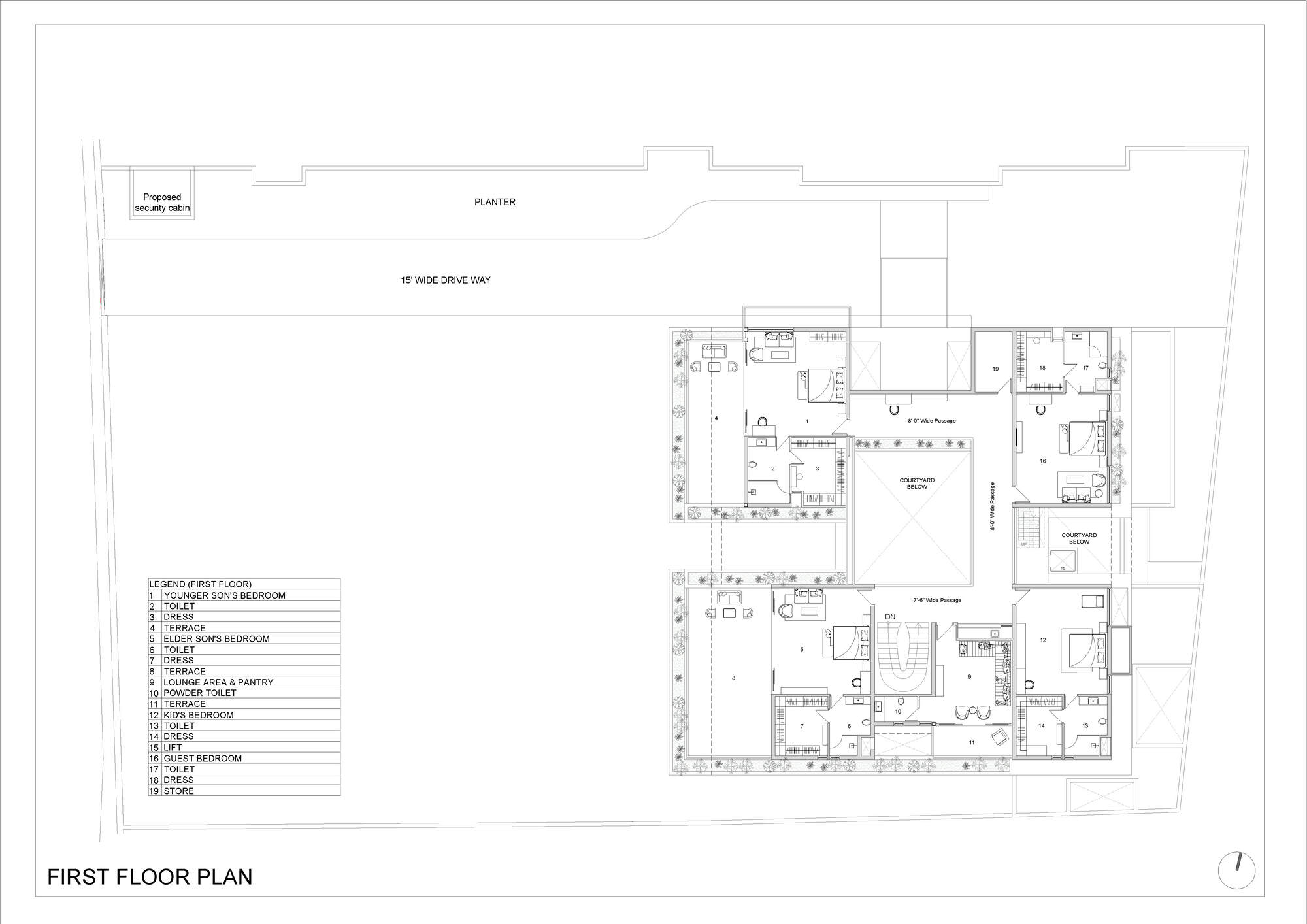 First floor plan drawing showing bedrooms, terraces and passages arranged around two central courtyards, with a driveway and planter along the top edge