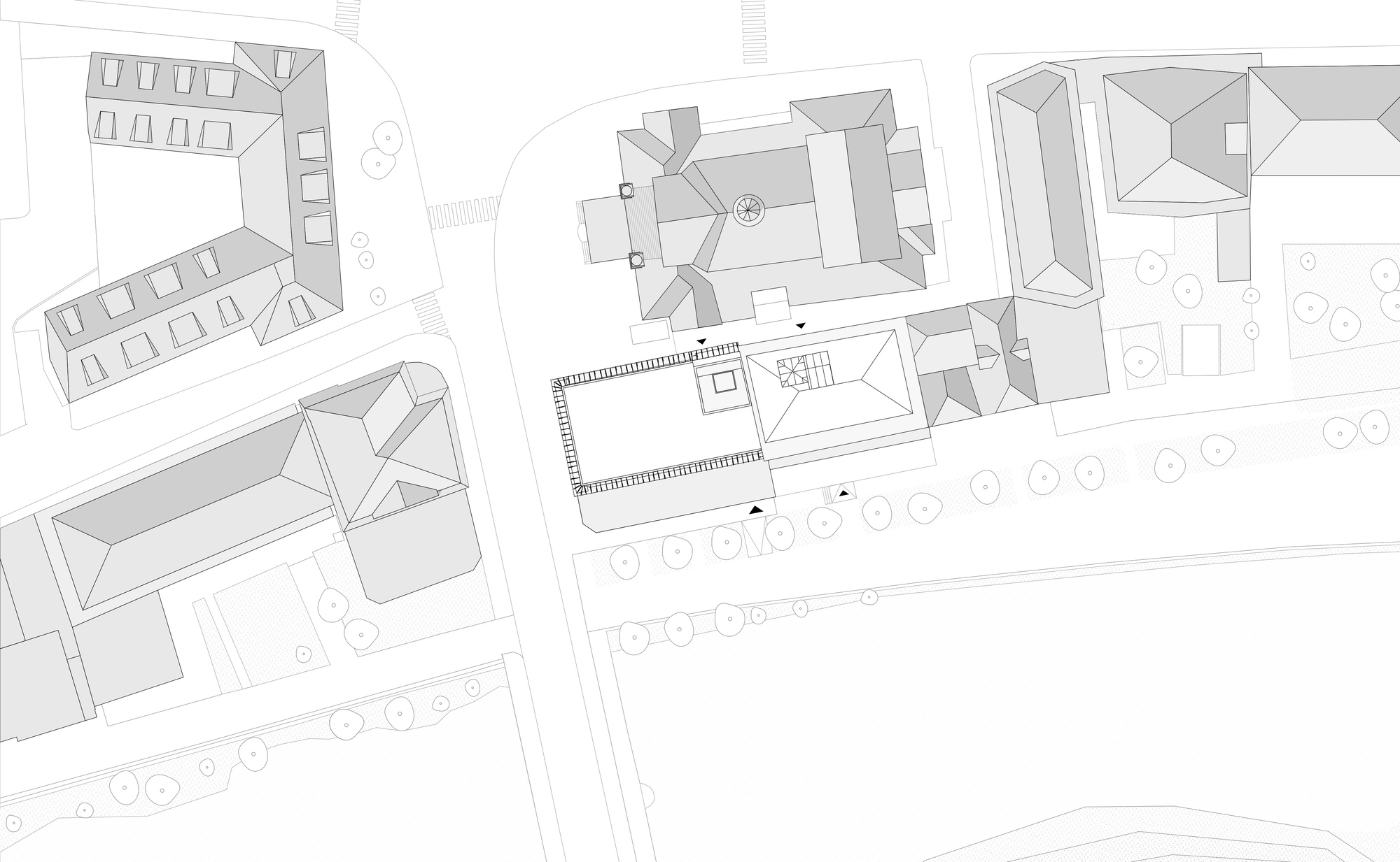 Roof plan drawing showing the new building volume beside a hipped-roof church and neighbouring buildings, with street trees along the riverside promenade