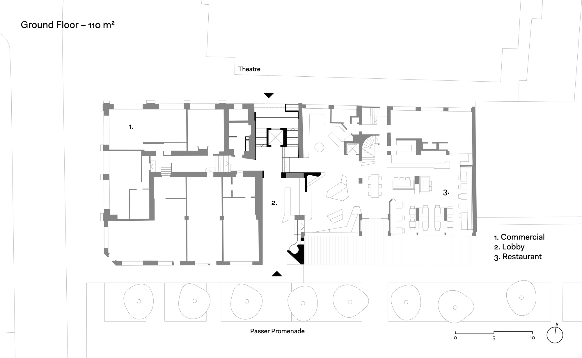 Ground floor plan drawing labelling commercial spaces, a central lobby and a restaurant, with tree outlines along the promenade at the bottom