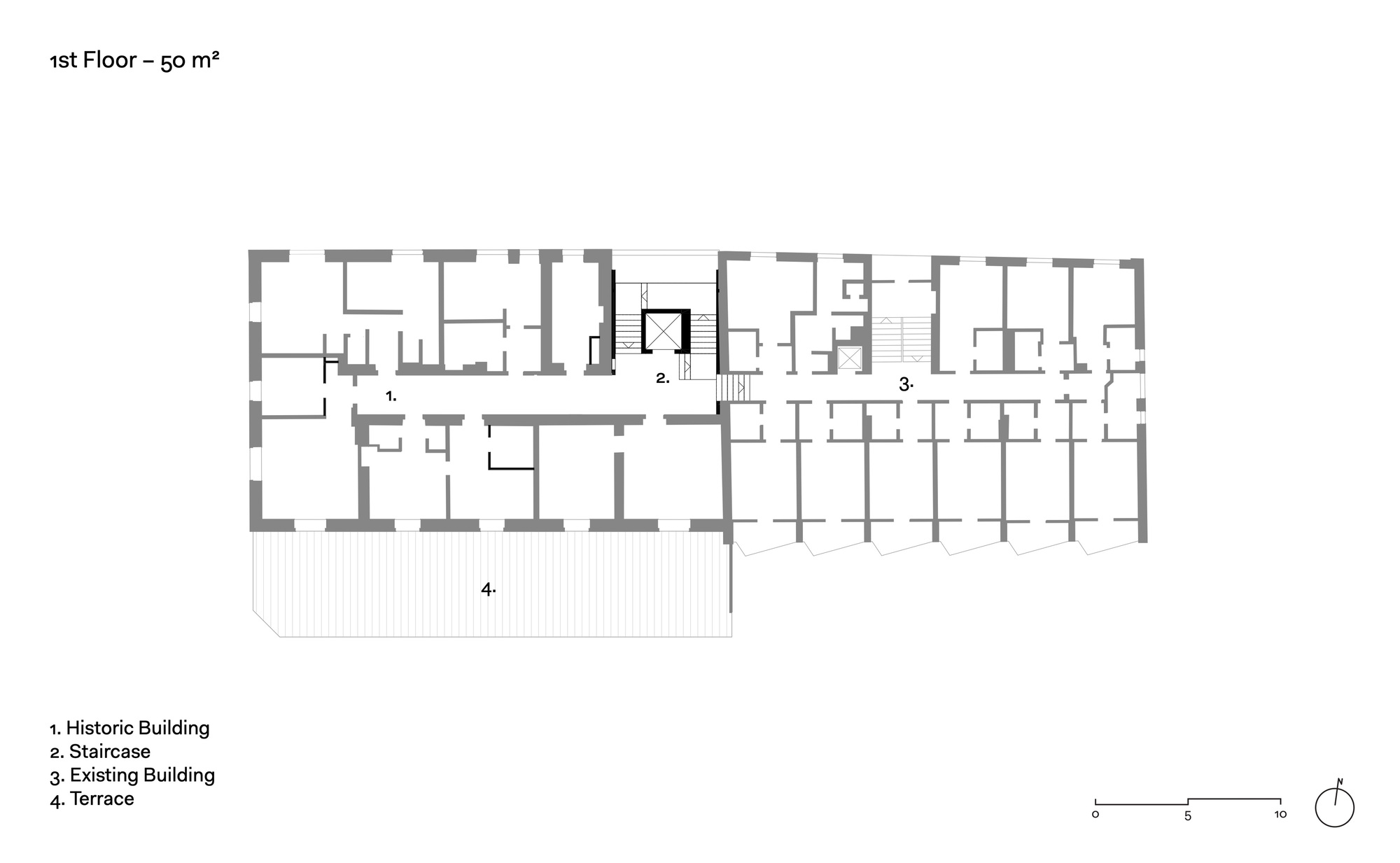 First floor plan drawing showing the historic building, a central staircase, the existing building with repeated rooms, and a large terrace