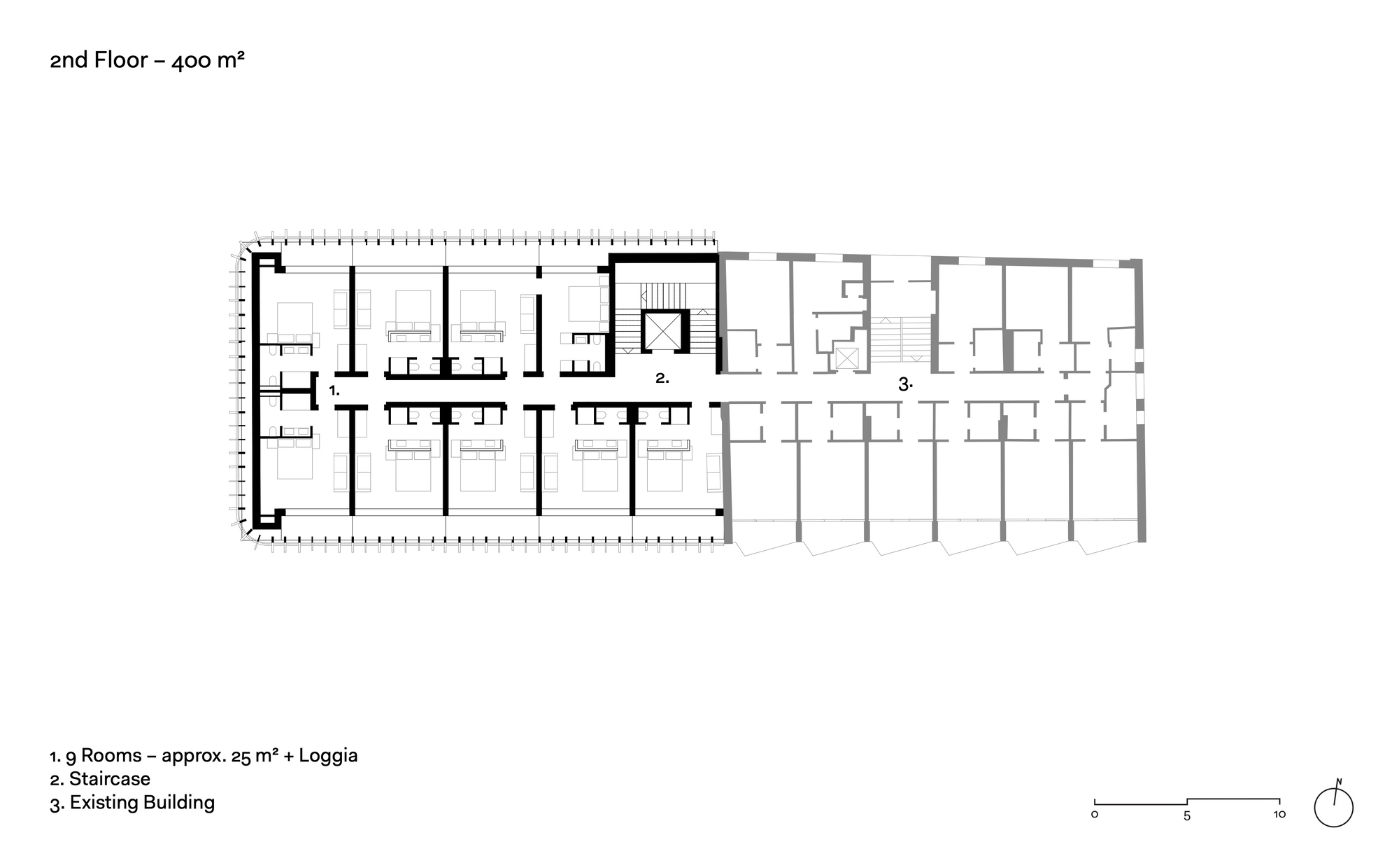 Second floor plan drawing showing nine guest rooms with loggias beside a central staircase and the existing building