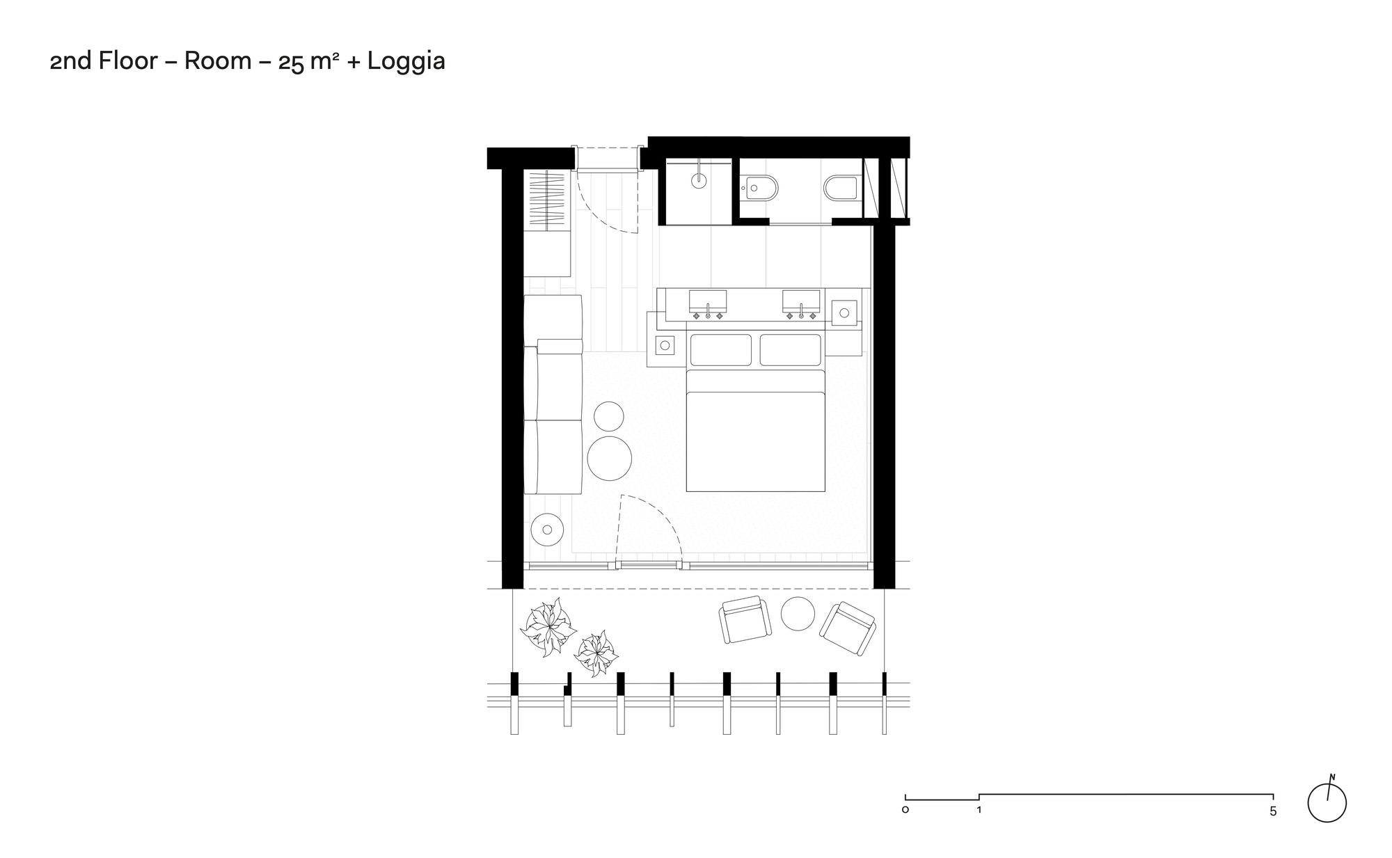 Floor plan drawing of a single 25 square metre room with bed, bathroom, wardrobe and a loggia with two armchairs