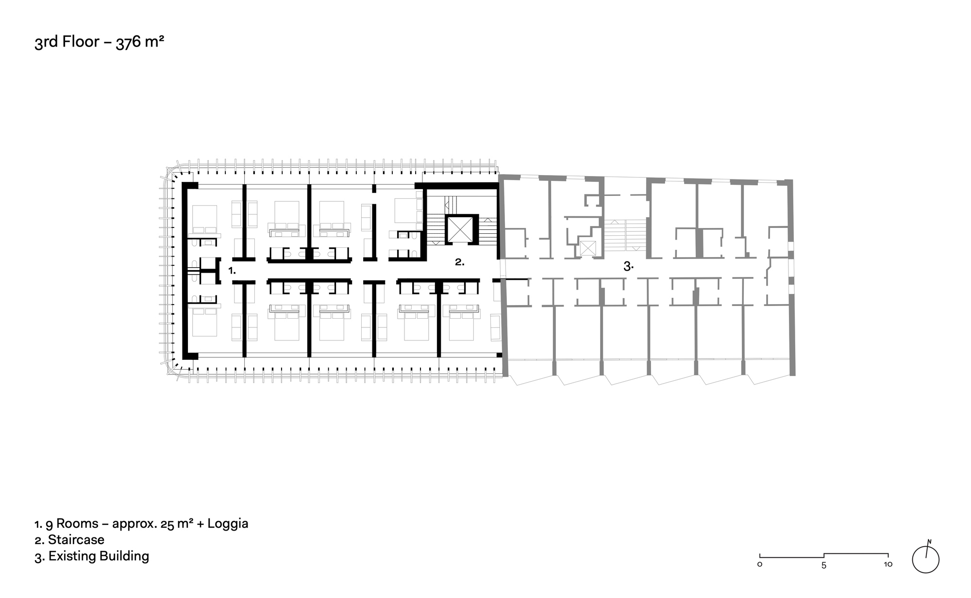 Third floor plan drawing repeating nine rooms with loggias along a corridor, joined to the existing building at right