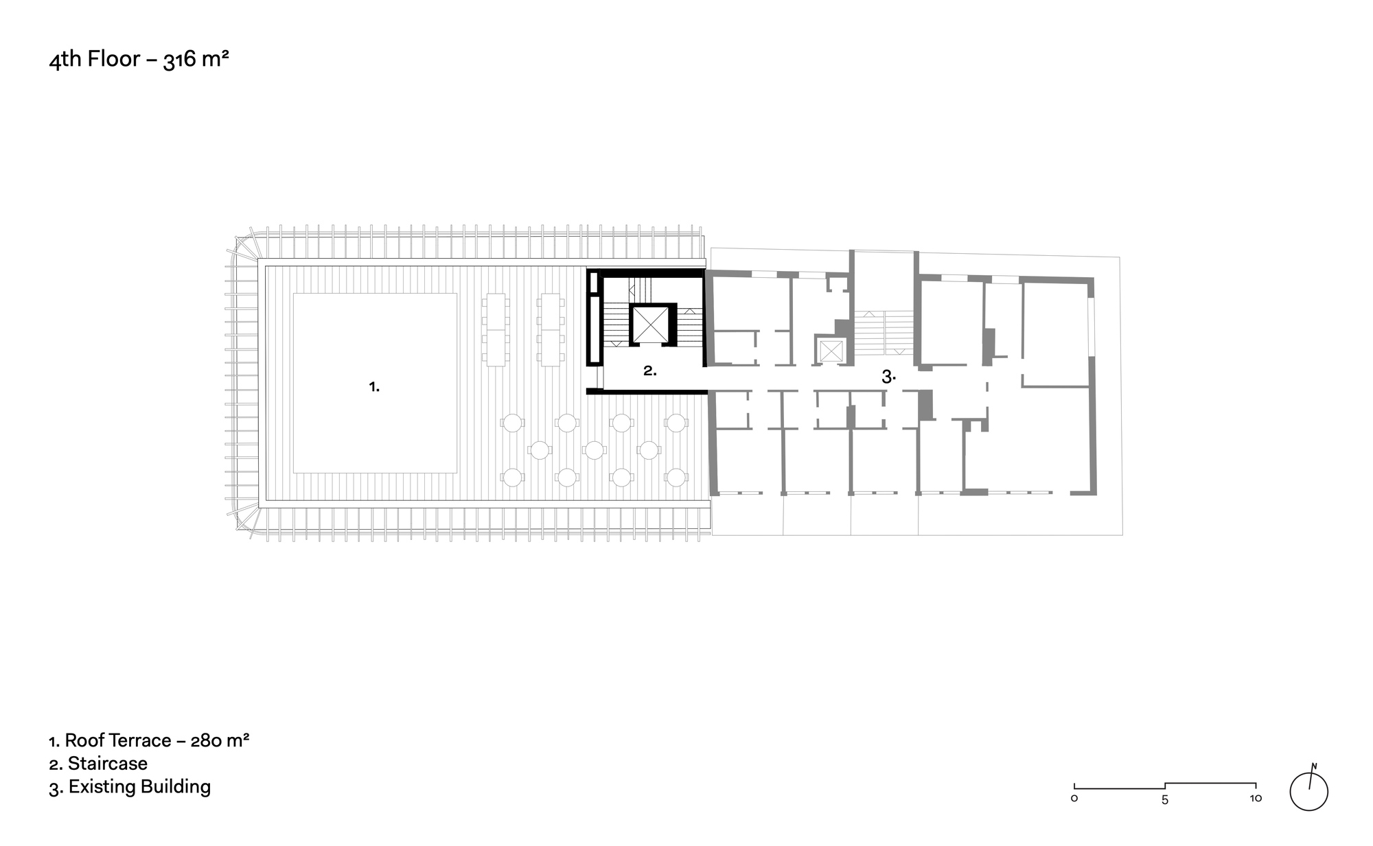 Fourth floor plan drawing showing a roof terrace with a square pool, loose tables and a staircase beside the existing building