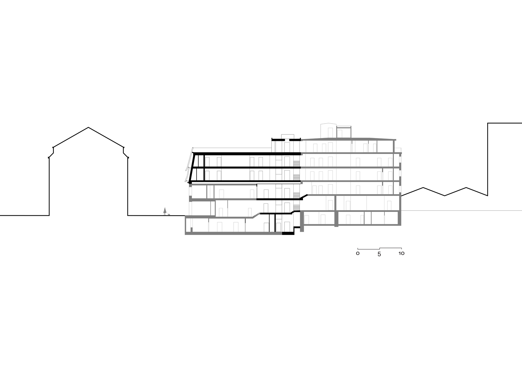 Longitudinal section drawing of the stepped new volume attached to the existing building, with neighbouring rooflines in silhouette on both sides