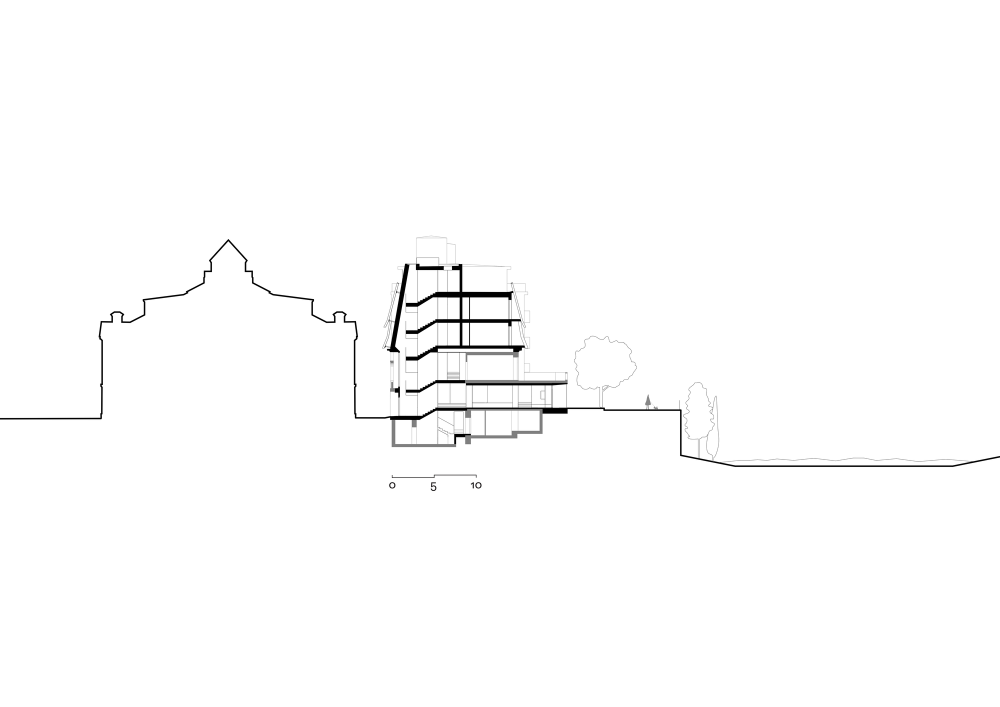Cross section drawing of the stacked floors with a slanted facade, flanked by a tree, a grand neighbouring building and a lower water edge