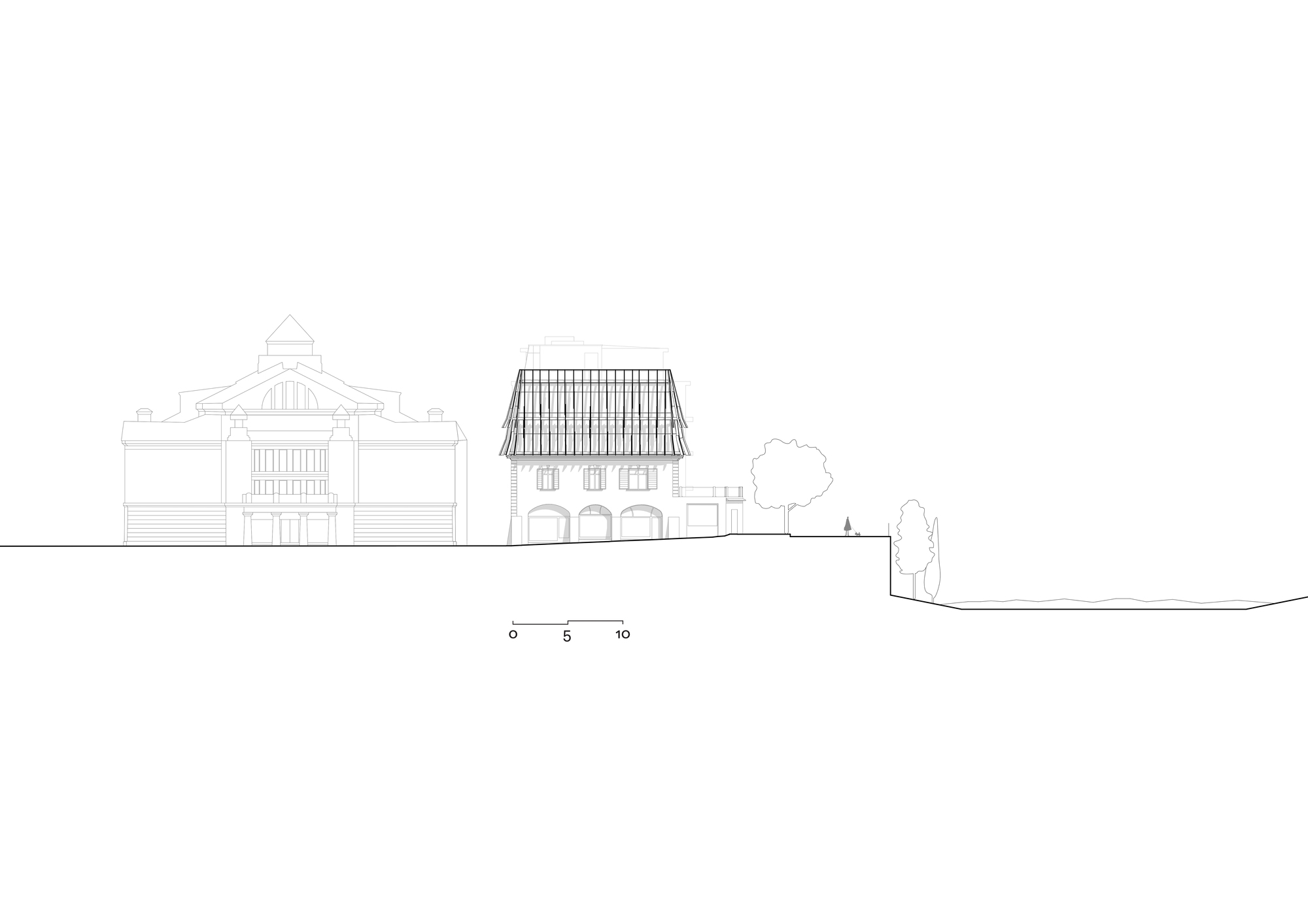 Side elevation drawing of a gabled building with a lattice veil over its roof, set beside a neighboring hall, a tree and a water edge