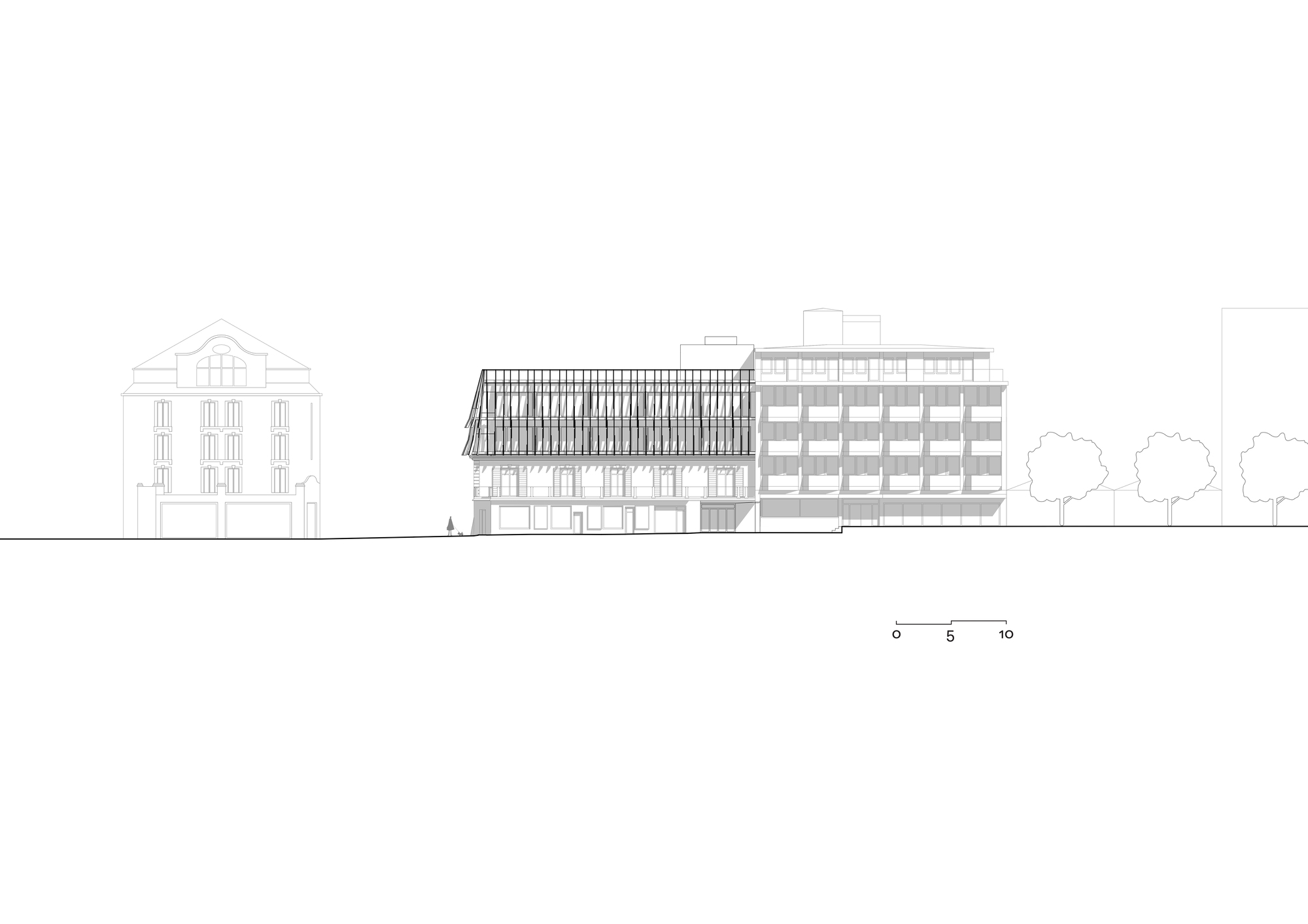 Street elevation drawing showing a lattice-covered gabled volume attached to a taller balconied block, with a row of trees at right