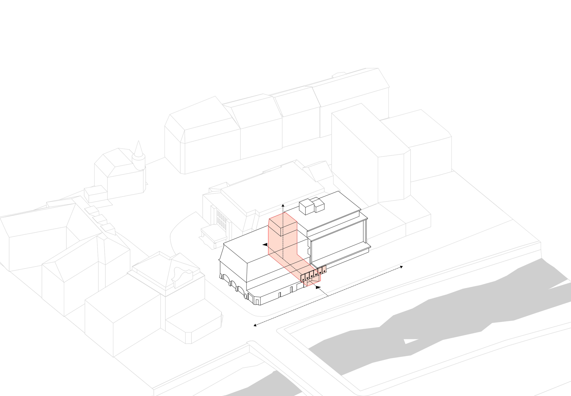 Axonometric diagram of the site with a red highlighted circulation path cutting through the building from the street side toward the rear