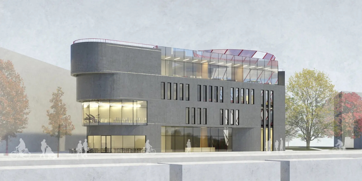 Rendered corner view of the gray concrete block with a curved lower bay and glazed rooftop pavilion, cyclists passing under autumn trees. Image: Екатерина Рубцова