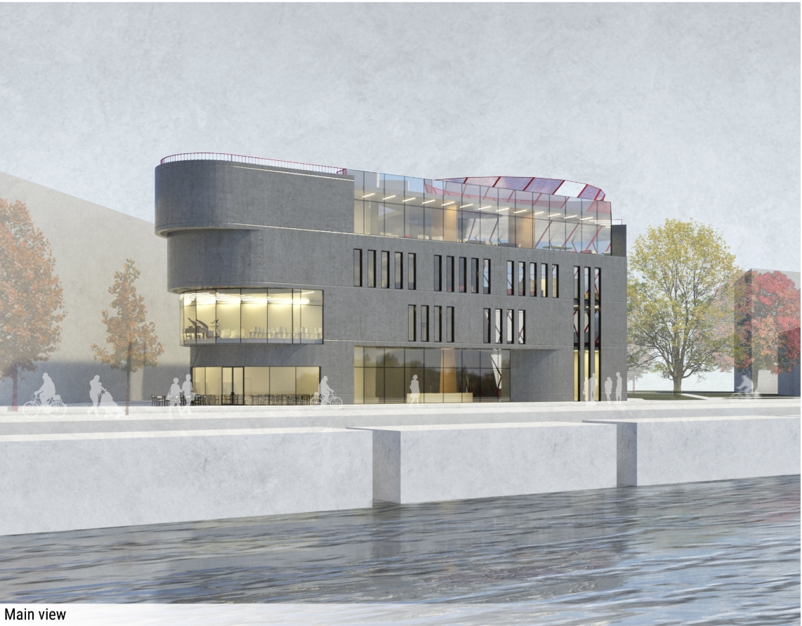 Rendered main view of the gray concrete facade with slim vertical windows, seen across a river and stone embankment under an overcast sky. Image: Екатерина Рубцова