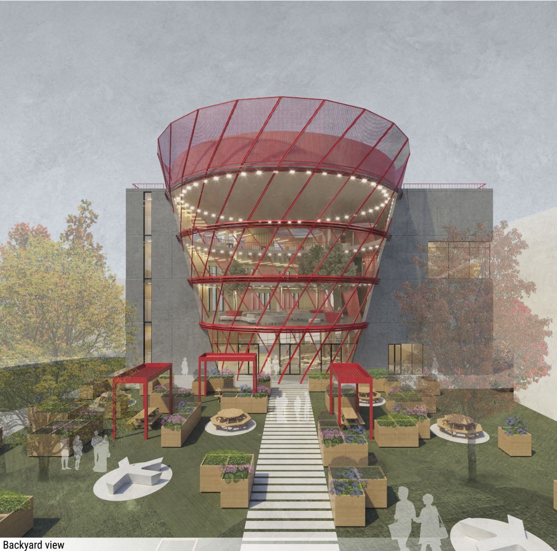 Rendered backyard view of the red steel-framed conical glass volume above a striped path and raised planter beds with picnic tables, in autumn. Image: Екатерина Рубцова
