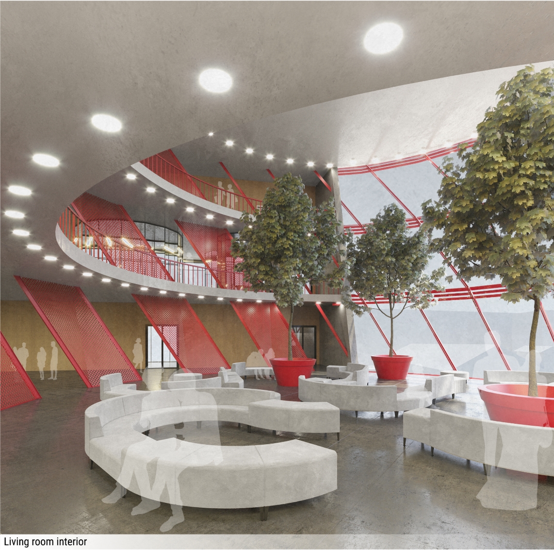 Rendered living room interior with curved gray sofas, potted trees in red planters and red mesh panels beneath a ring of ceiling lights. Image: Екатерина Рубцова