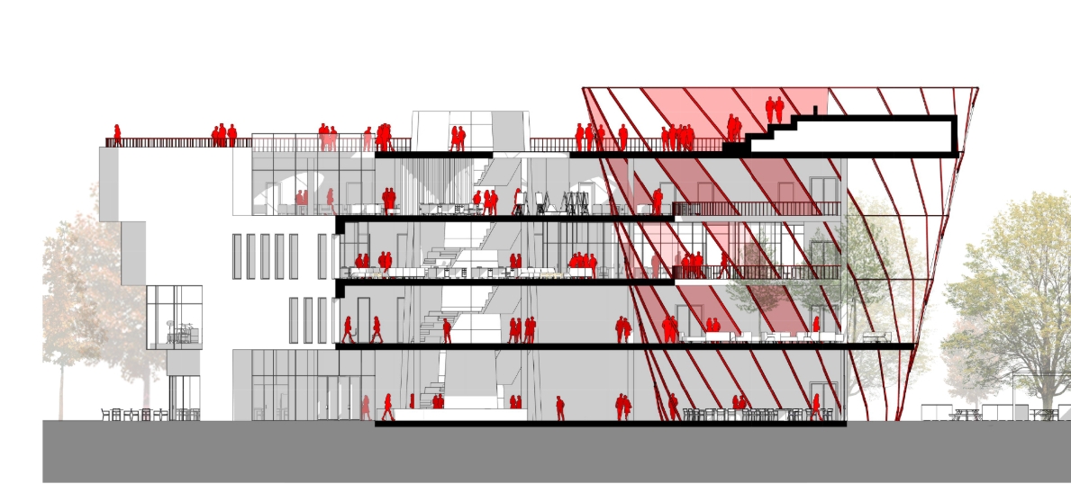 Section drawing showing four floors, a central stair void and the tapering red-framed glass volume, filled with red silhouetted figures. Image: Екатерина Рубцова