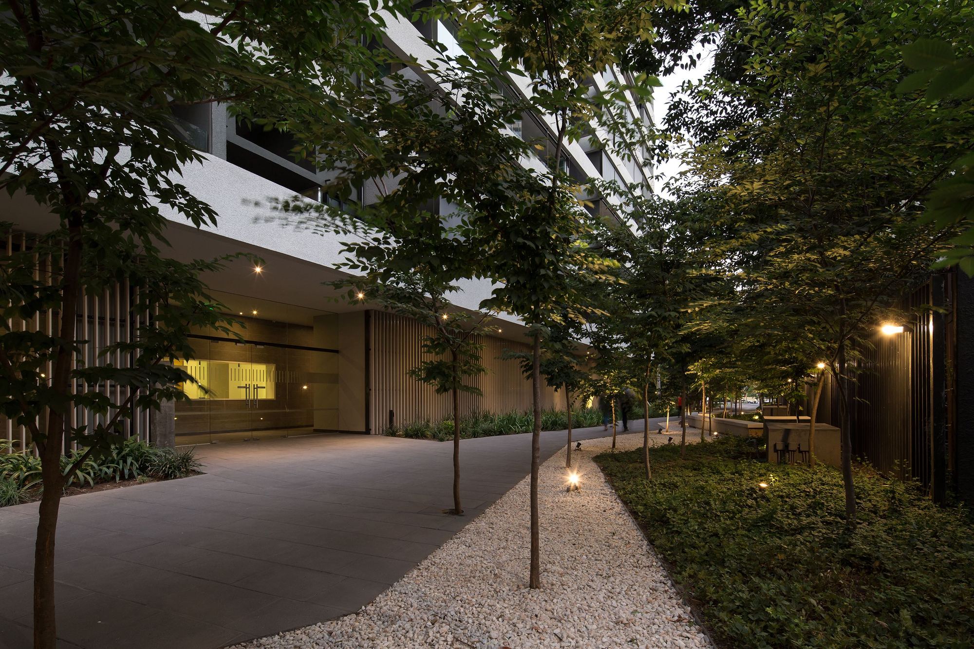 Gravel path lined with young trees leading past a timber-slatted ground floor entrance at dusk, lamps glowing in the groundcover