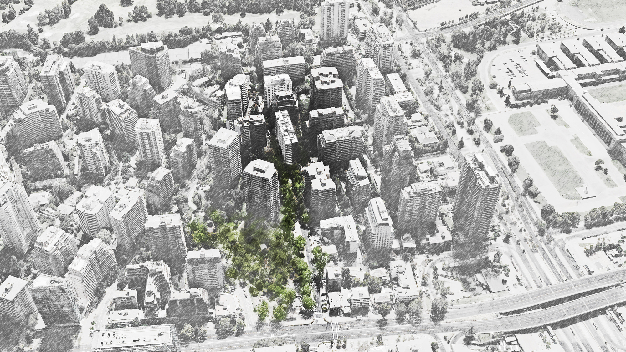Aerial rendering of a dense district of towers with a green cluster of trees at the center, highlighted against grey surroundings