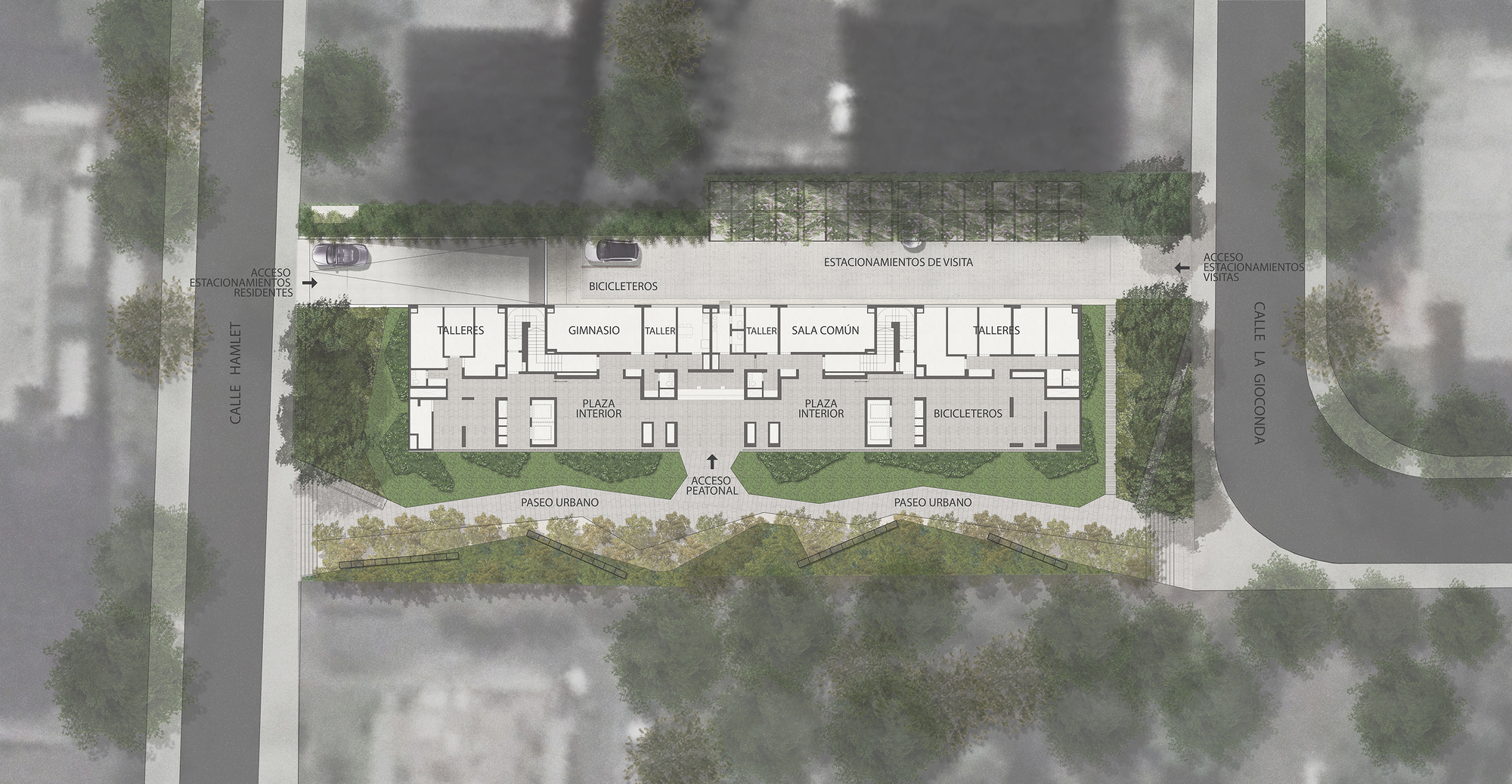 Site plan drawing of a long residential block with interior plazas, pedestrian access, parking and landscaped urban walkways between two streets