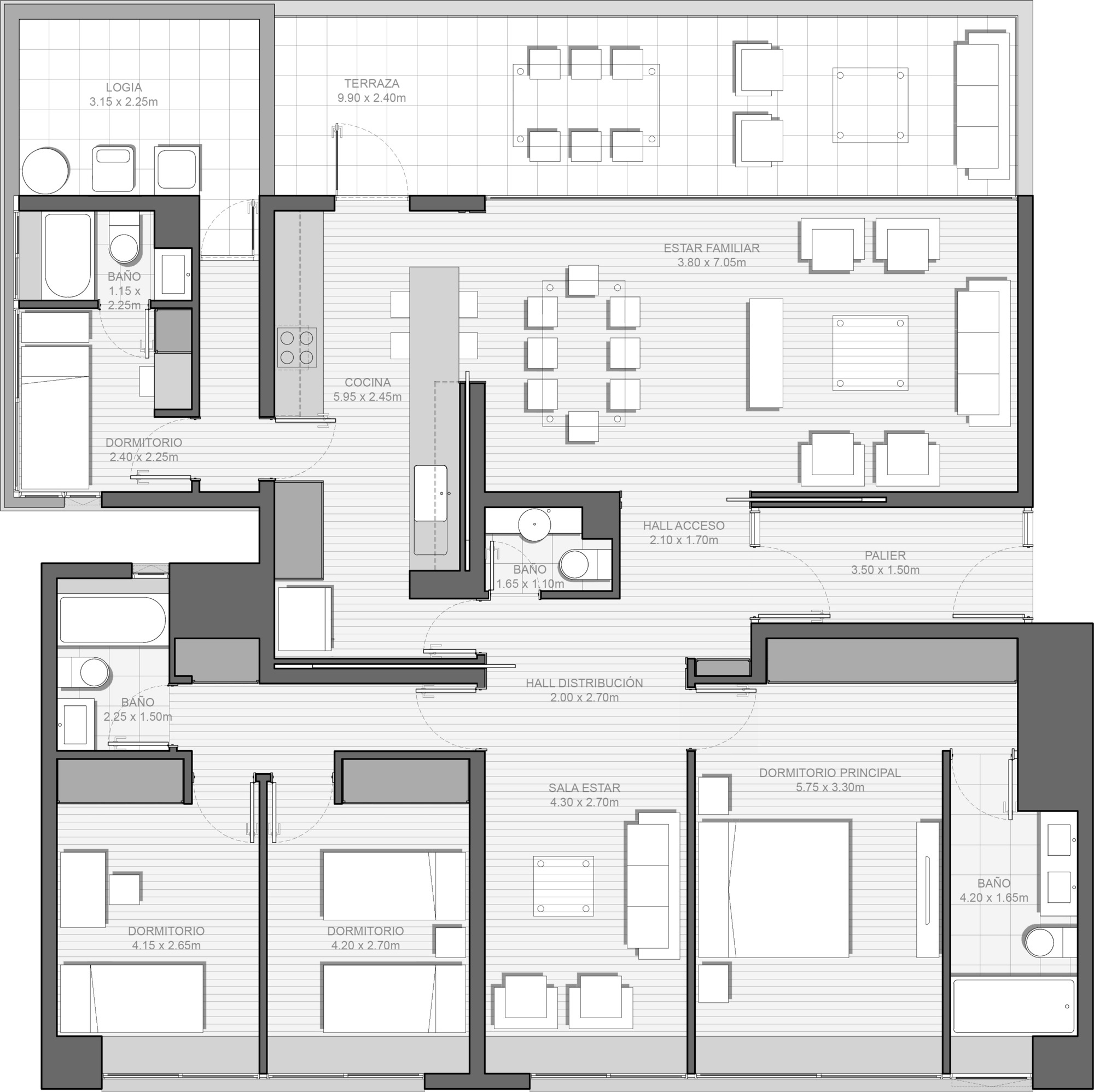 Floor plan drawing of a single apartment with three bedrooms, open kitchen, family living area, terrace and laundry loggia