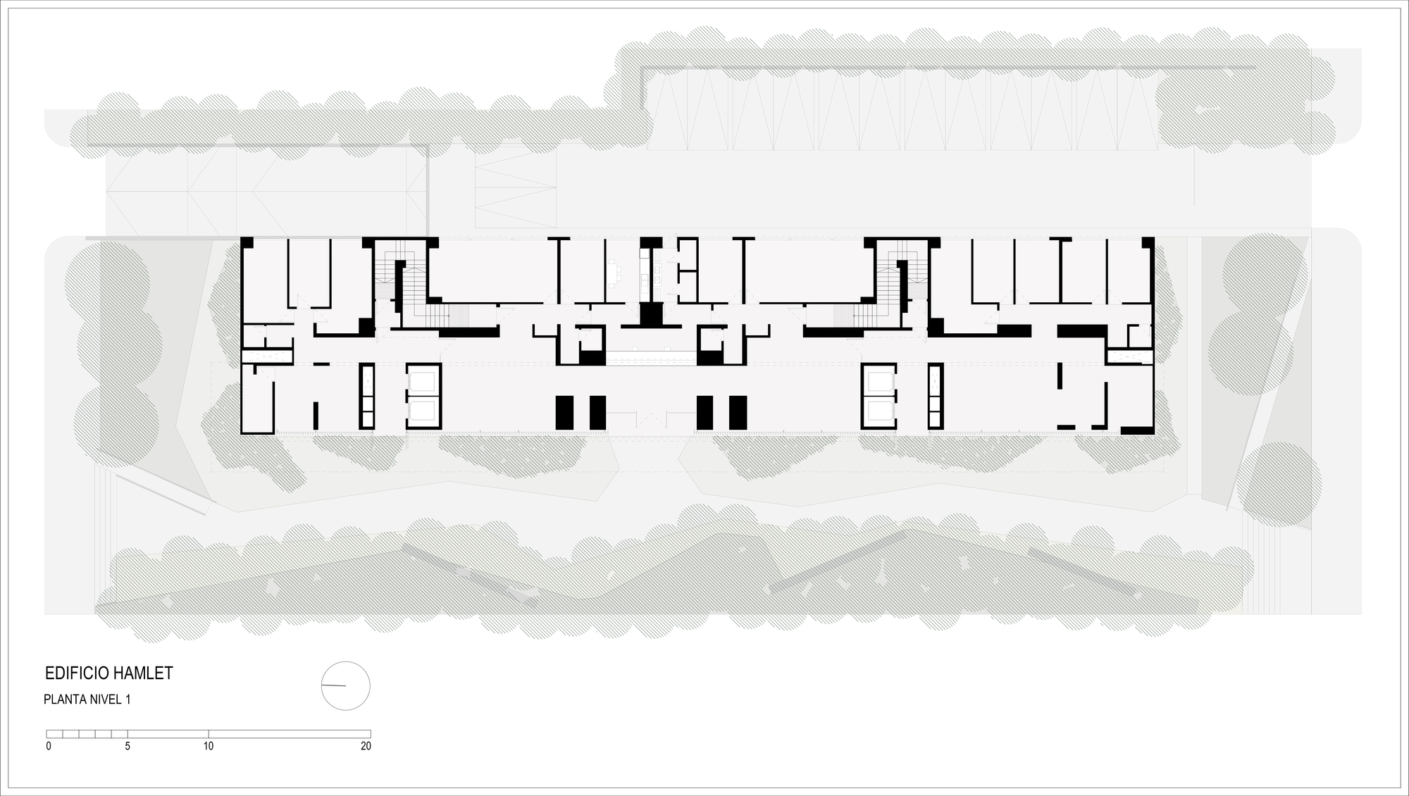 Site plan drawing of the ground level floor showing the long narrow building footprint surrounded by planted gardens and tree canopies