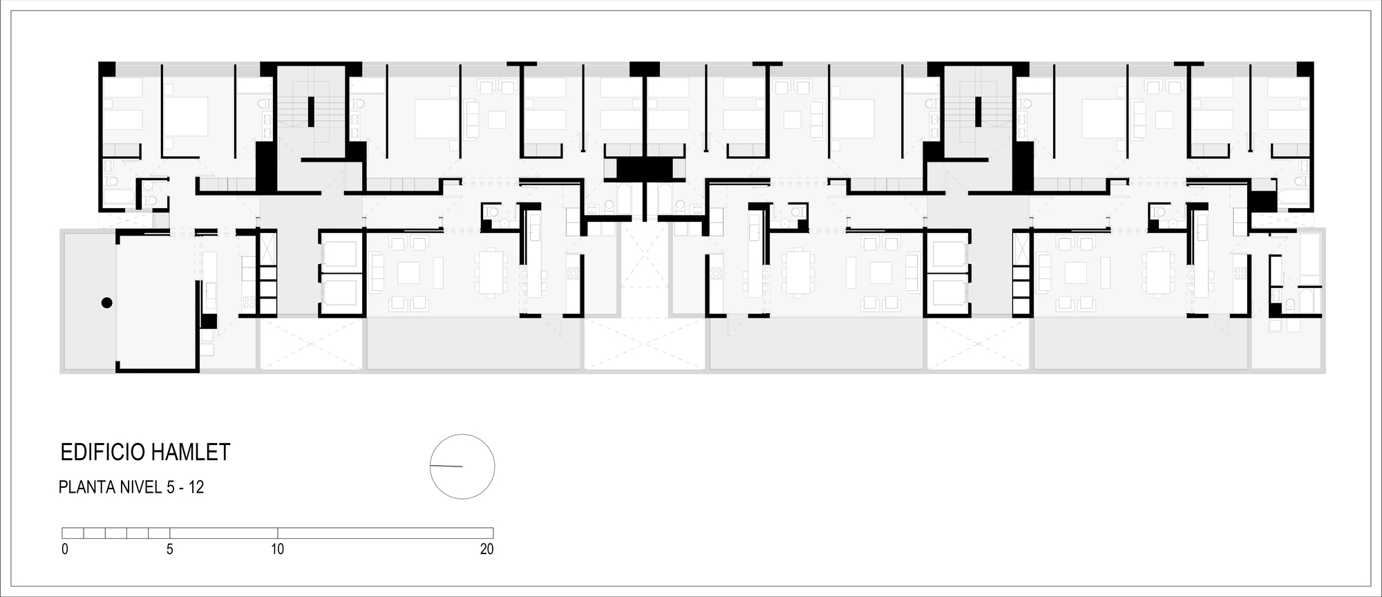 Floor plan drawing of the mid-level residential floors showing apartments arranged along a long bar with two stair cores