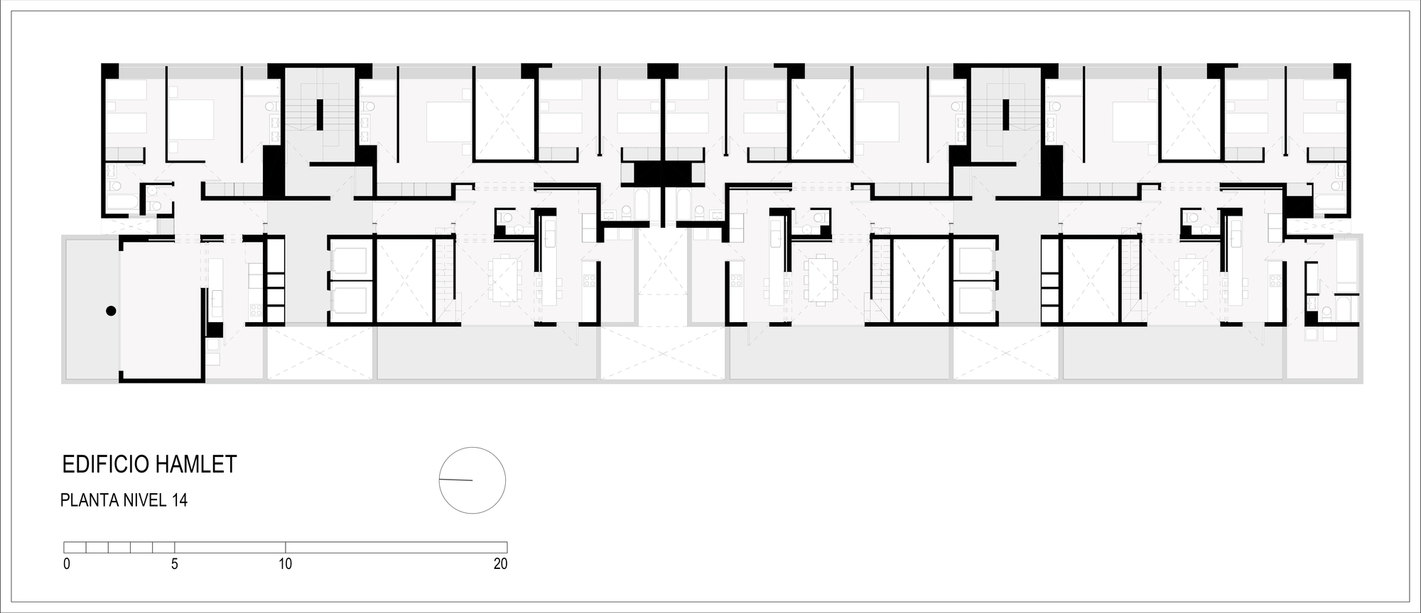 Floor plan drawing of the upper level showing the same long bar layout with altered apartment partitions and two stair cores