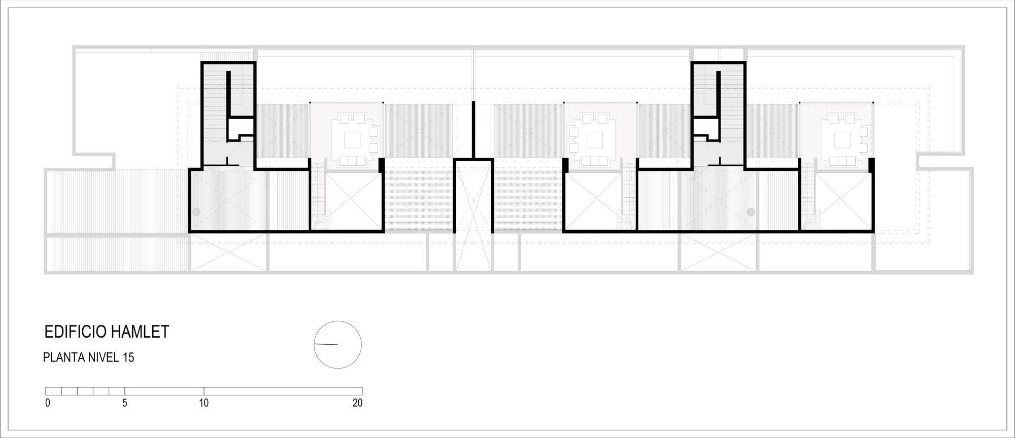 Floor plan drawing of the upper level showing two stair and elevator cores with terraces and seating groups along a long rectangular slab