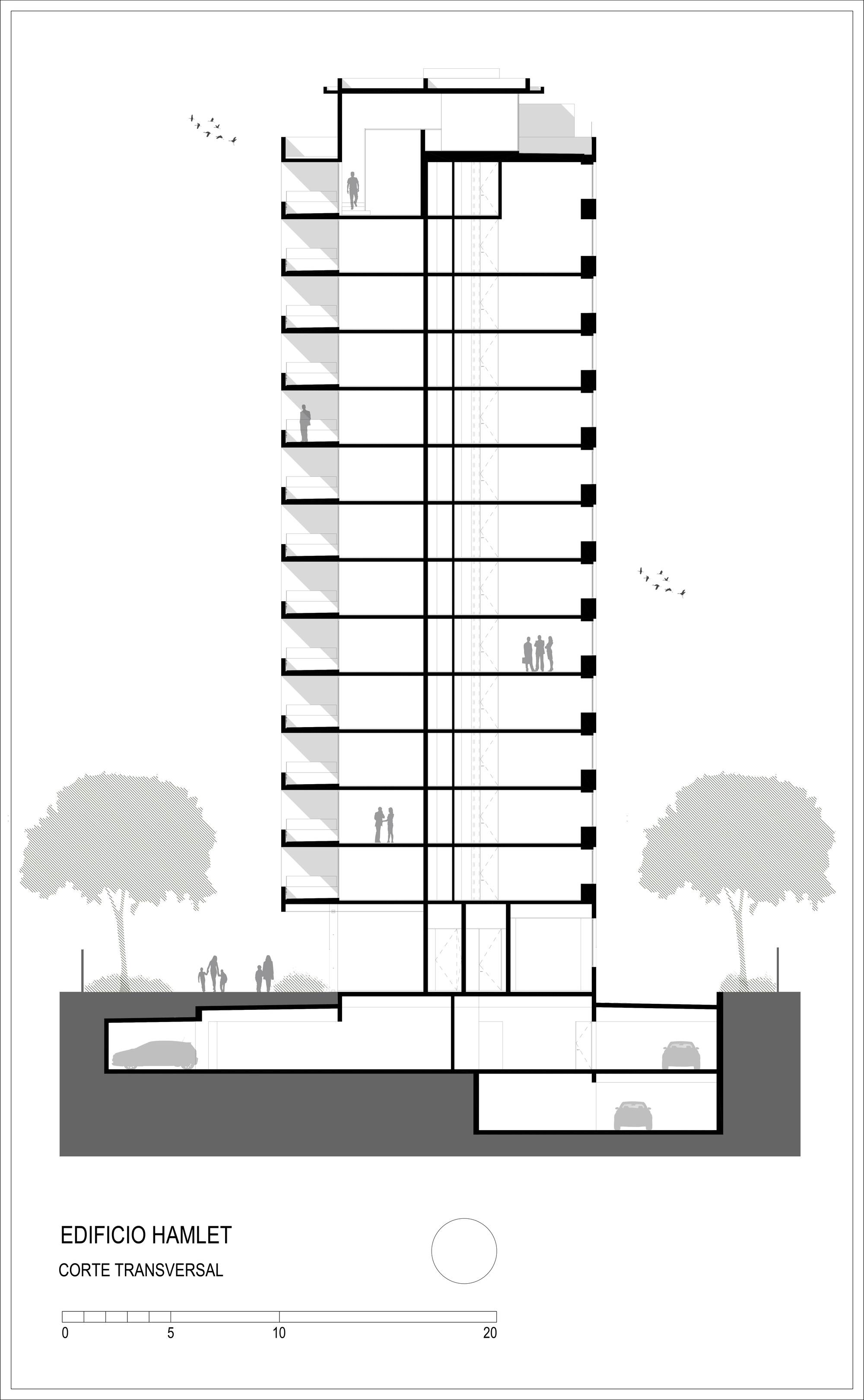 Cross section drawing of the tower showing stacked floor slabs, a central core, basement parking levels and trees with figures at street level