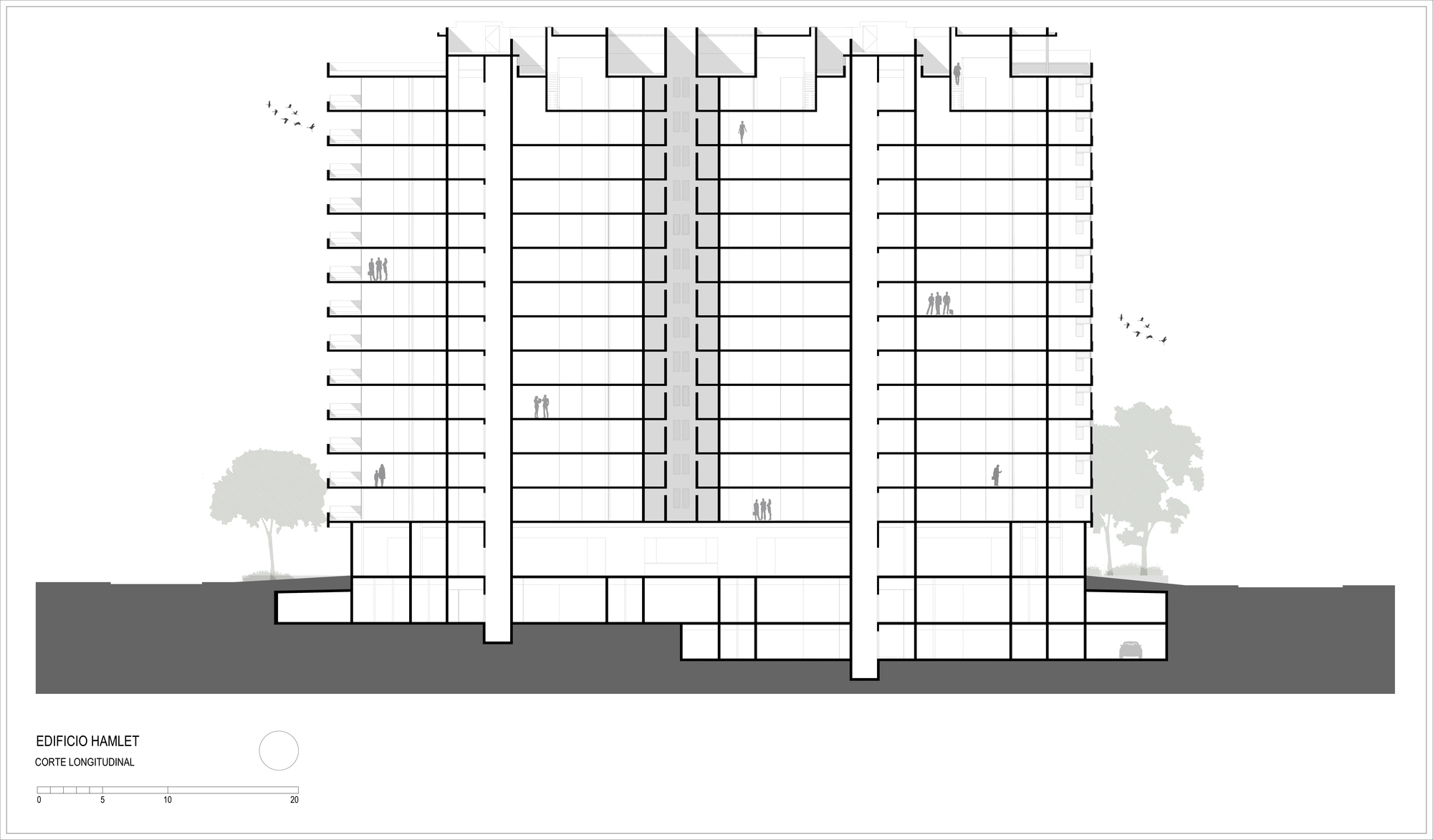 Longitudinal section drawing of the slab building showing repeated floor levels, two deep structural walls and a gray central void, with birds overhead