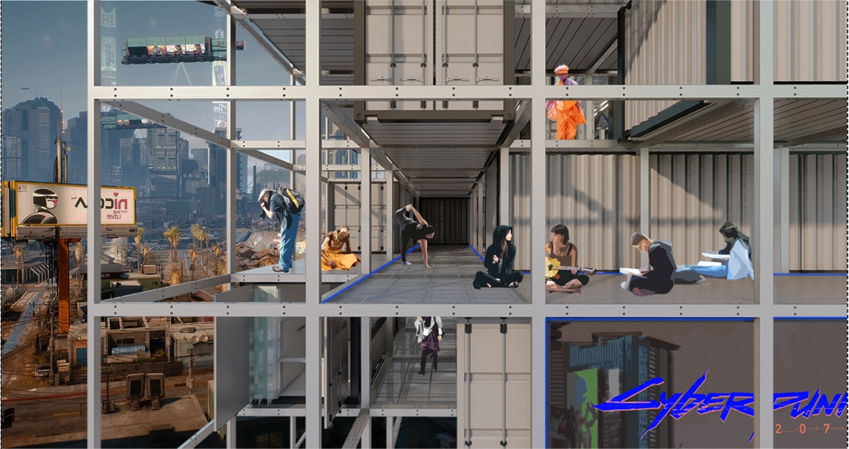 Collage render of a stacked shipping container frame with people sitting, stretching and walking on open decks, a dense city skyline and billboards beyond. Image: Bersu Başaranoğlu, Merve OZUBEK, sümeyye şahin