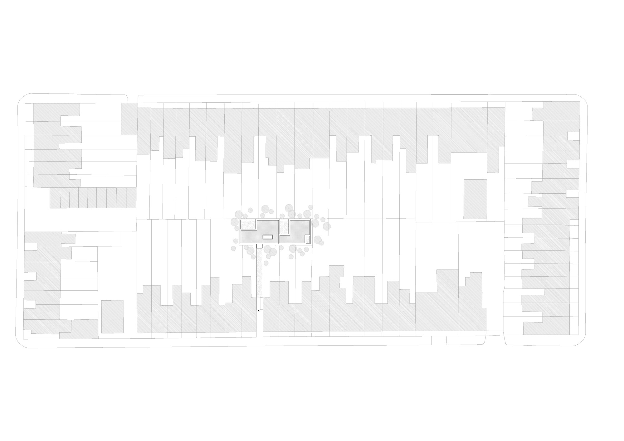 Site plan drawing showing a small freestanding house in the middle of a block, ringed by trees and long rows of terraced plots
