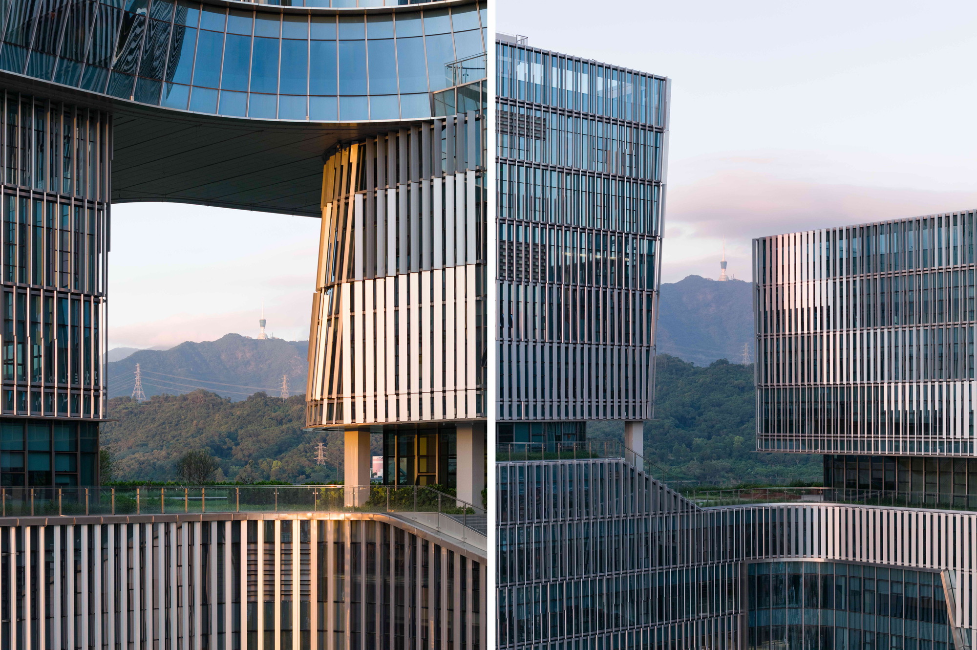 Paired close views of stacked glass and vertical fin towers, with forested hills behind at dusk