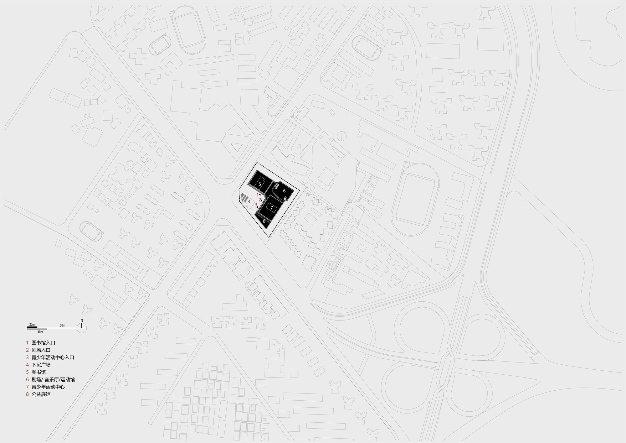 Site plan drawing showing the black building footprint among surrounding streets, housing blocks, sports tracks and a highway interchange, with a numbered key